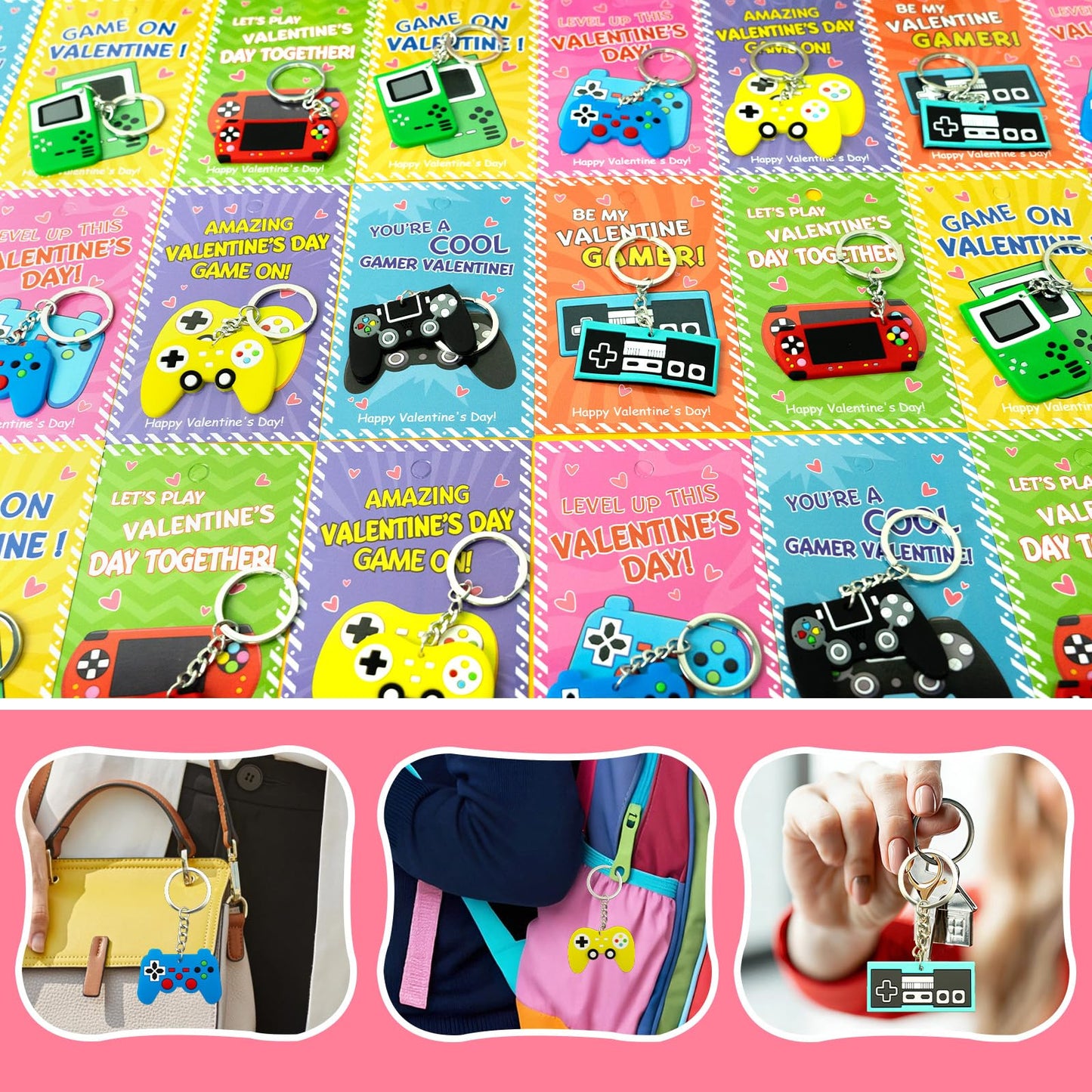 ZICZLI 28-Pack Valentines Cards & Video Game Controller Keychains – Classroom Party Favors for Kids