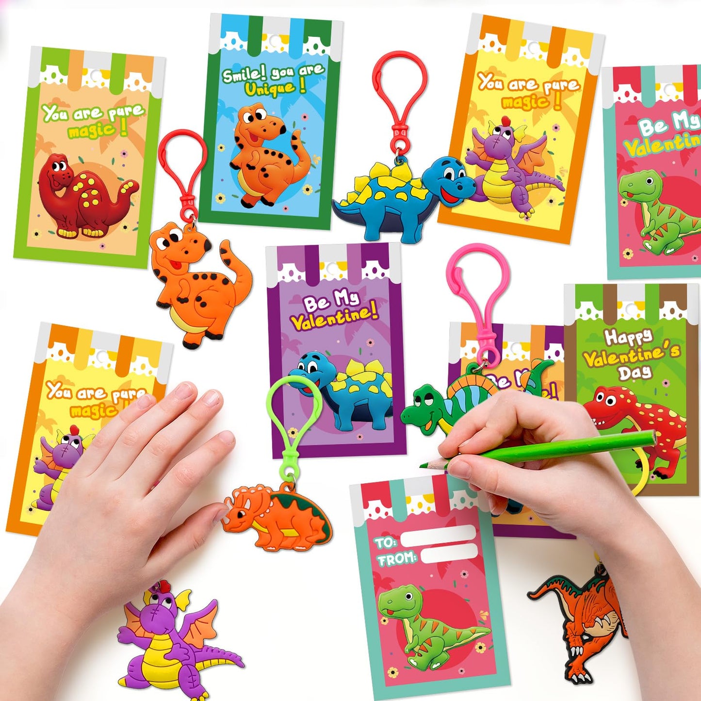 ZICZLI 28-Pack Valentines Day Gifts for Kids — Dinosaur Keychains with Cards