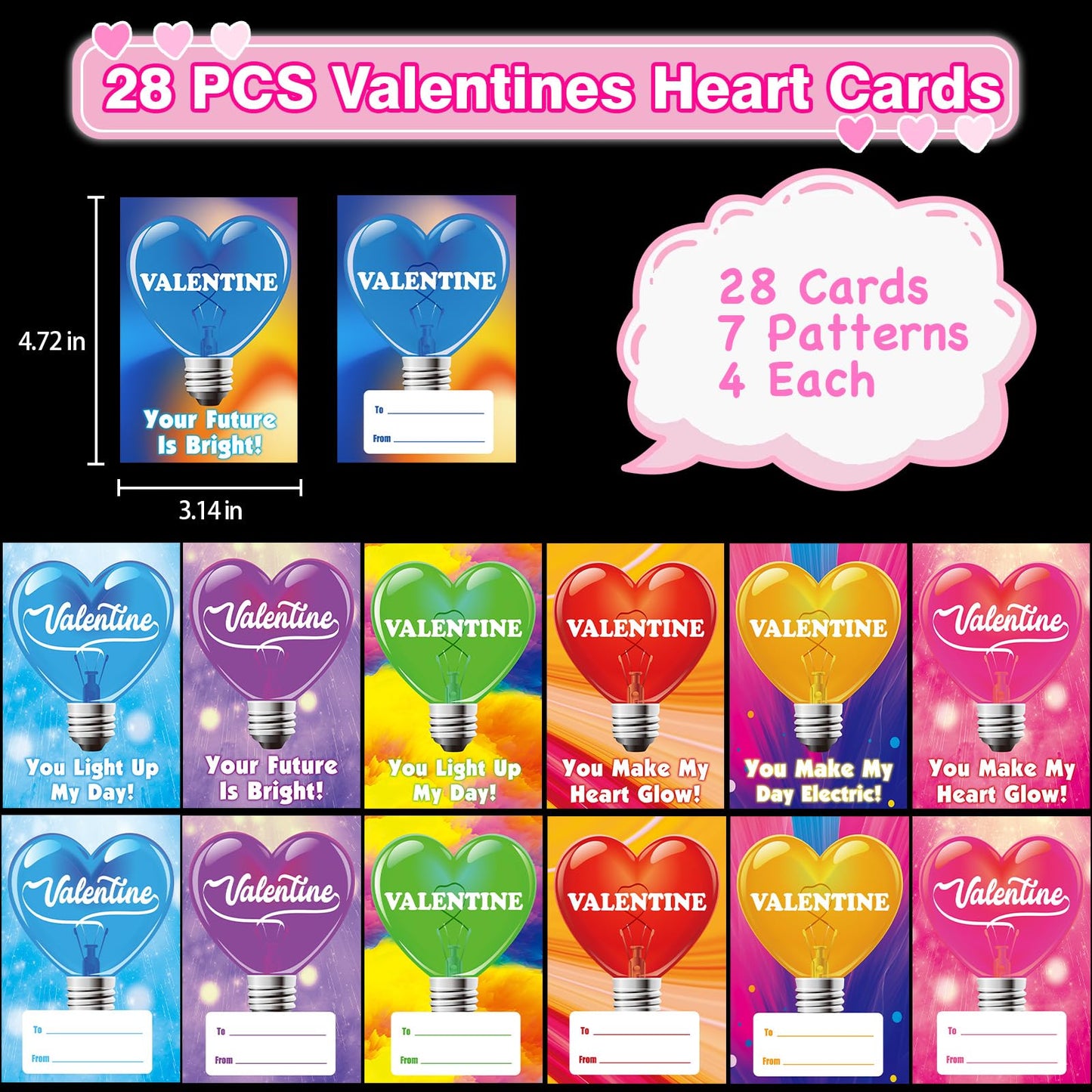 ZICZLI Neon Valentine 28-Pack: LED Finger Lights & Cards for Kids