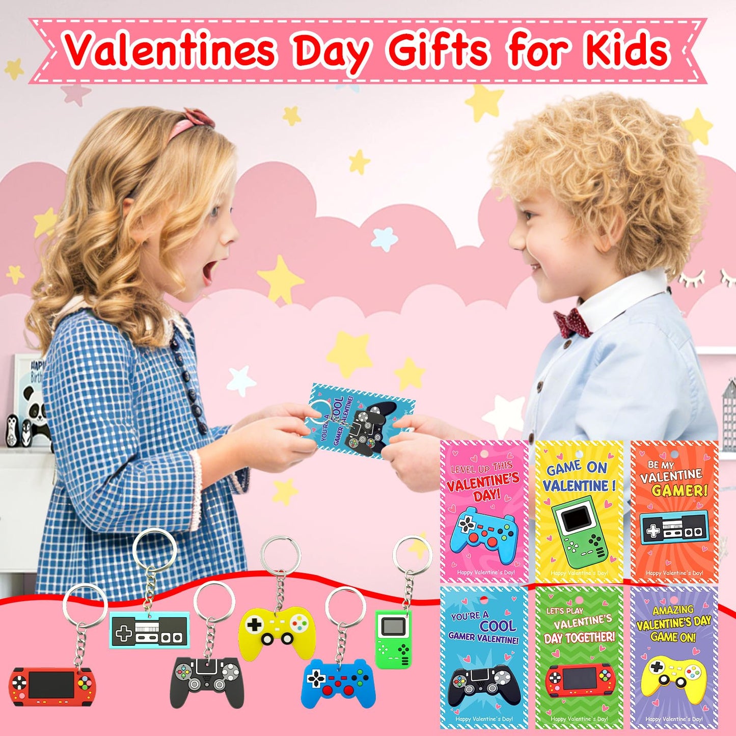 ZICZLI 28-Pack Valentines Cards & Video Game Controller Keychains – Classroom Party Favors for Kids