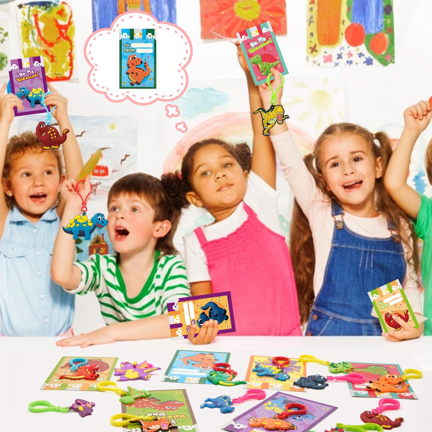 ZICZLI 28-Pack Valentines Day Gifts for Kids — Dinosaur Keychains with Cards