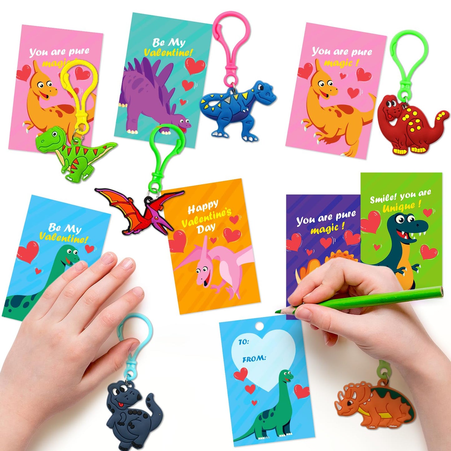 ZICZLI 28-Pack Valentines Dinosaur Keychains with Cards – Classroom Gifts & Party Favors