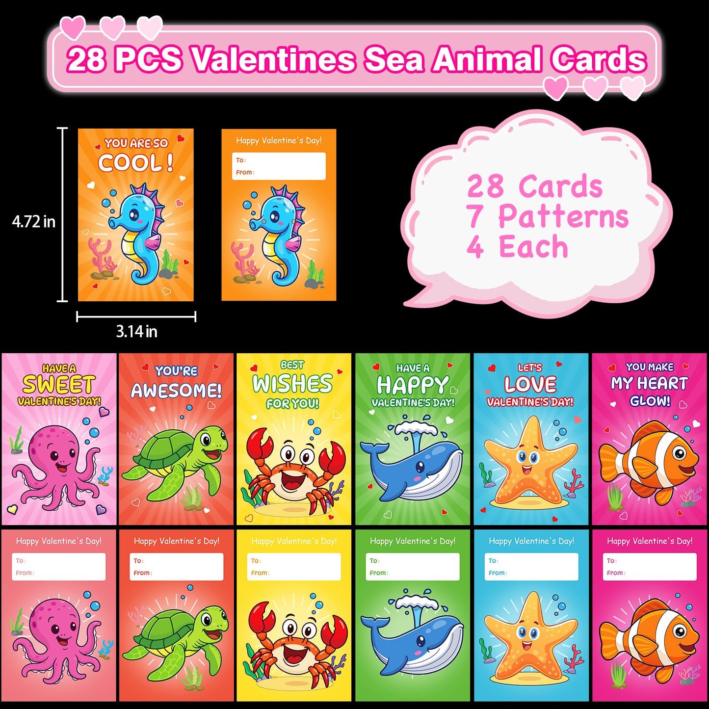 ZICZLI 28-Pack Sea Animals Valentines Cards with LED Finger Lights – Glow-in-the-Dark Classroom Gifts