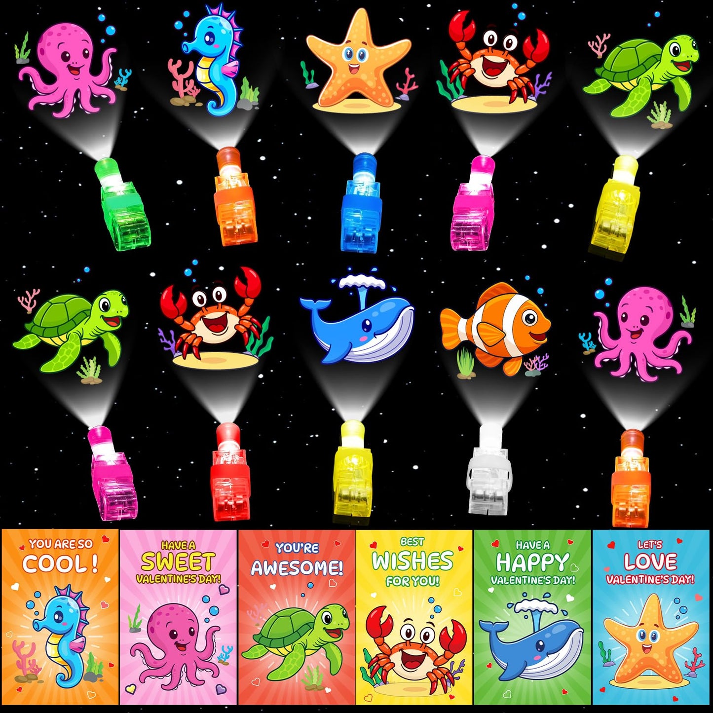 ZICZLI 28-Pack Sea Animals Valentines Cards with LED Finger Lights – Glow-in-the-Dark Classroom Gifts