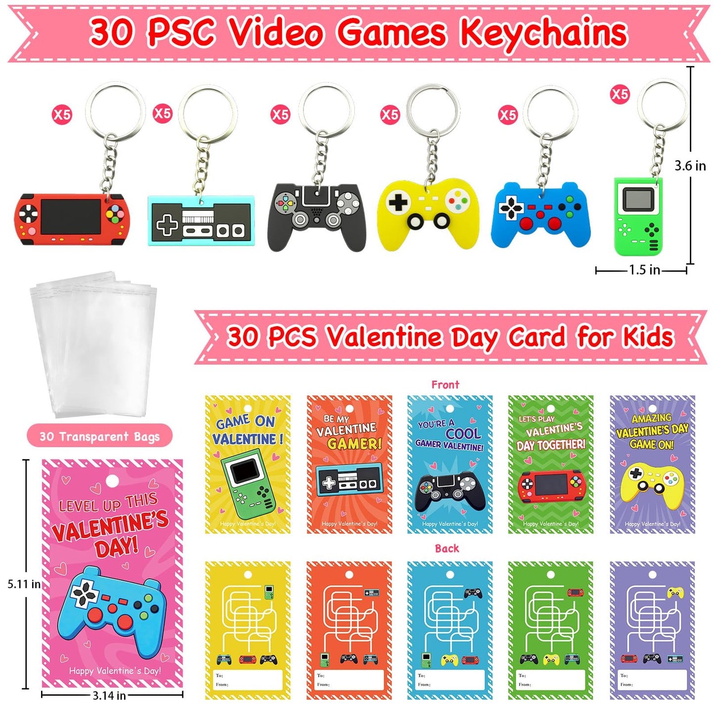 ZICZLI 28-Pack Valentines Cards & Video Game Controller Keychains – Classroom Party Favors for Kids