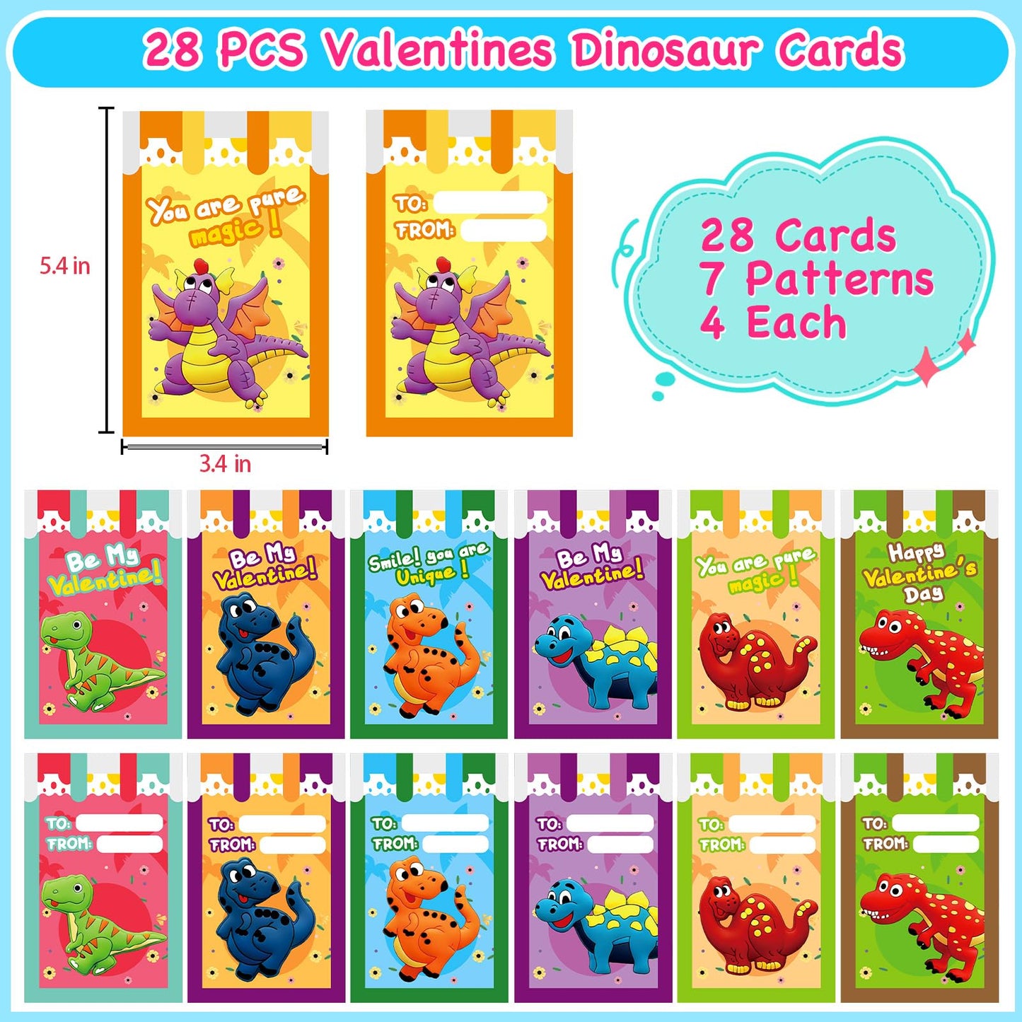 ZICZLI 28-Pack Valentines Day Gifts for Kids — Dinosaur Keychains with Cards