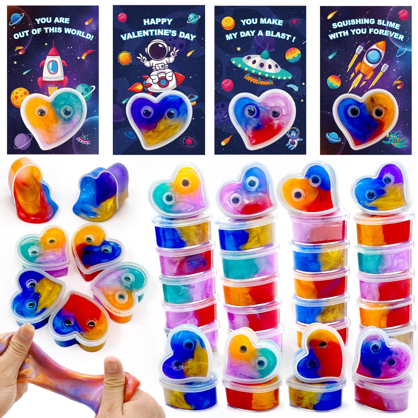ZICZLI 28-Pack Valentines Day Gifts for Kids — Space Galaxy Slime with Cards | Classroom Party Favors