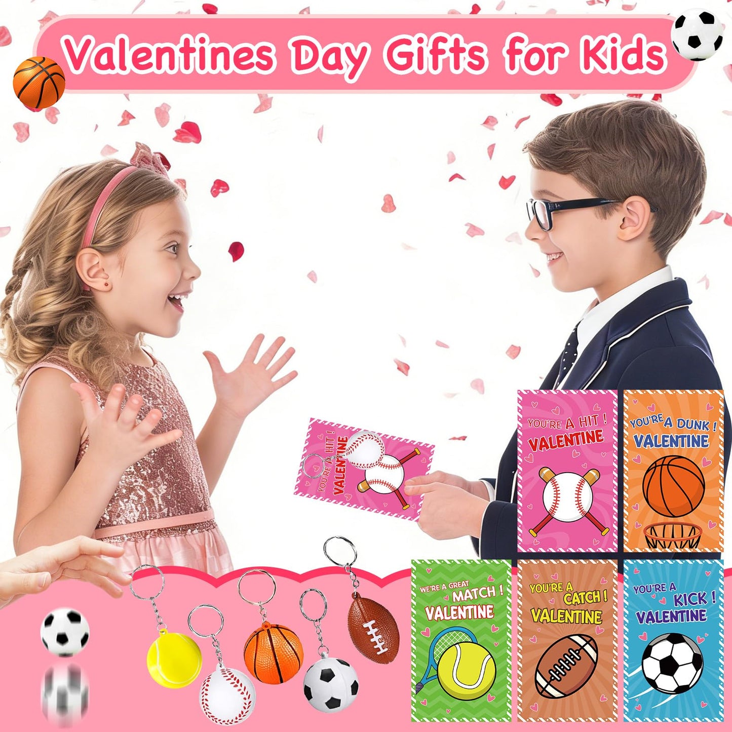 ZICZLI 30 Pack Sports Valentines Cards & Stress Relief Keychains for Kids