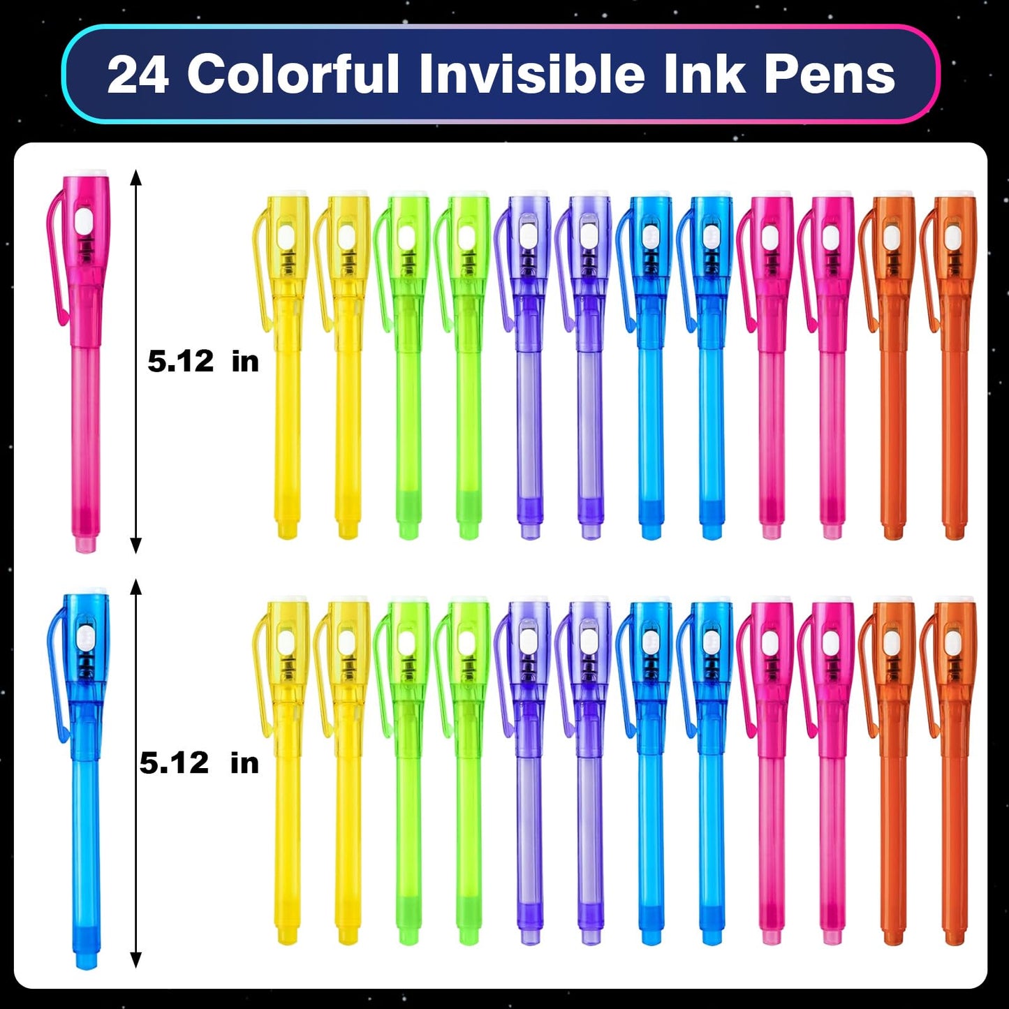 ZICZLI 24-Pack Invisible Ink Pen with UV Light & Space Astronaut Valentines Cards for Kids