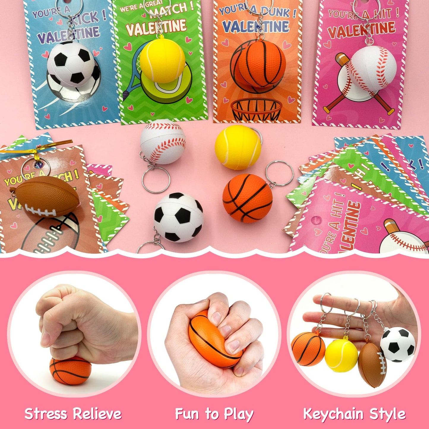 ZICZLI 30 Pack Sports Valentines Cards & Stress Relief Keychains for Kids