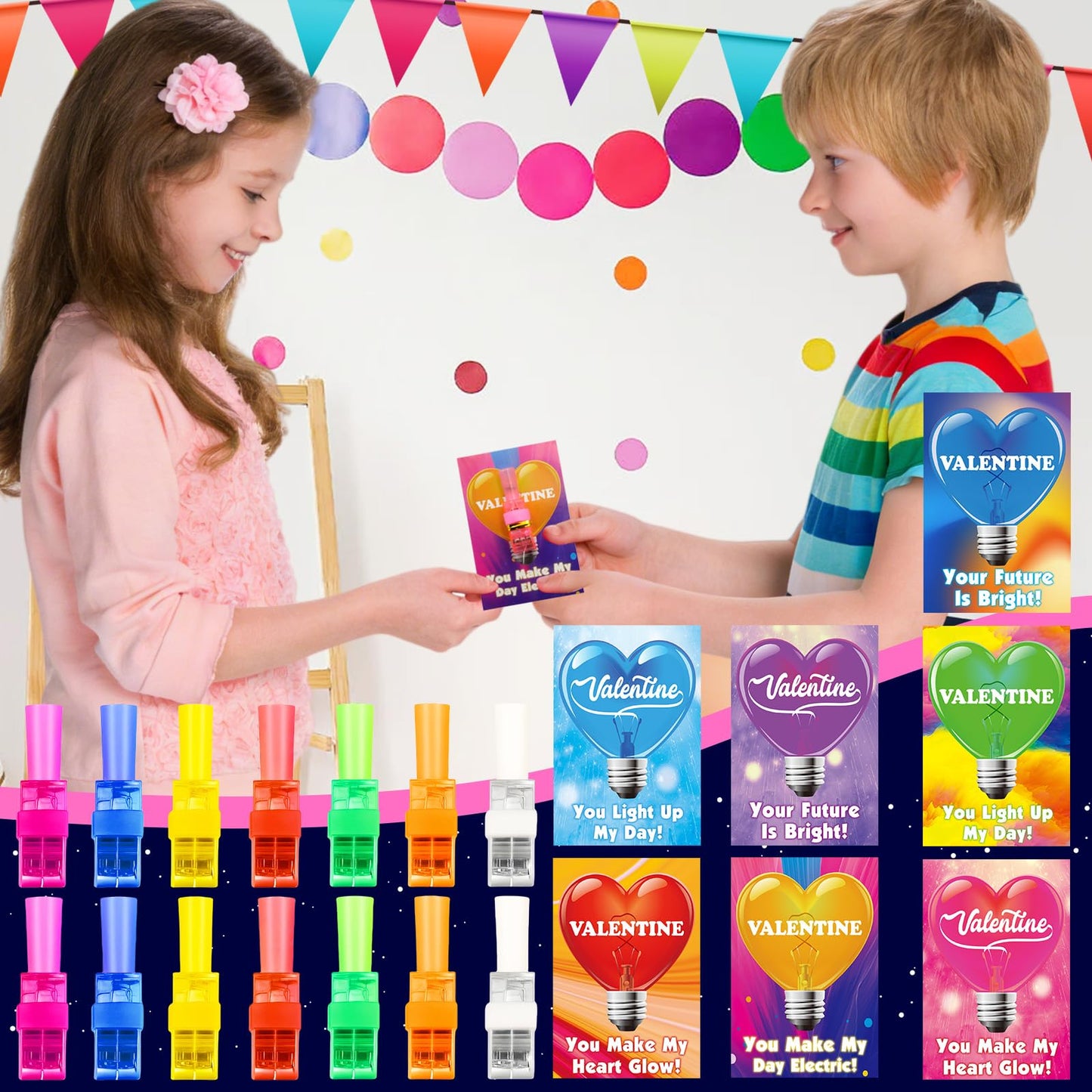 ZICZLI Neon Valentine 28-Pack: LED Finger Lights & Cards for Kids