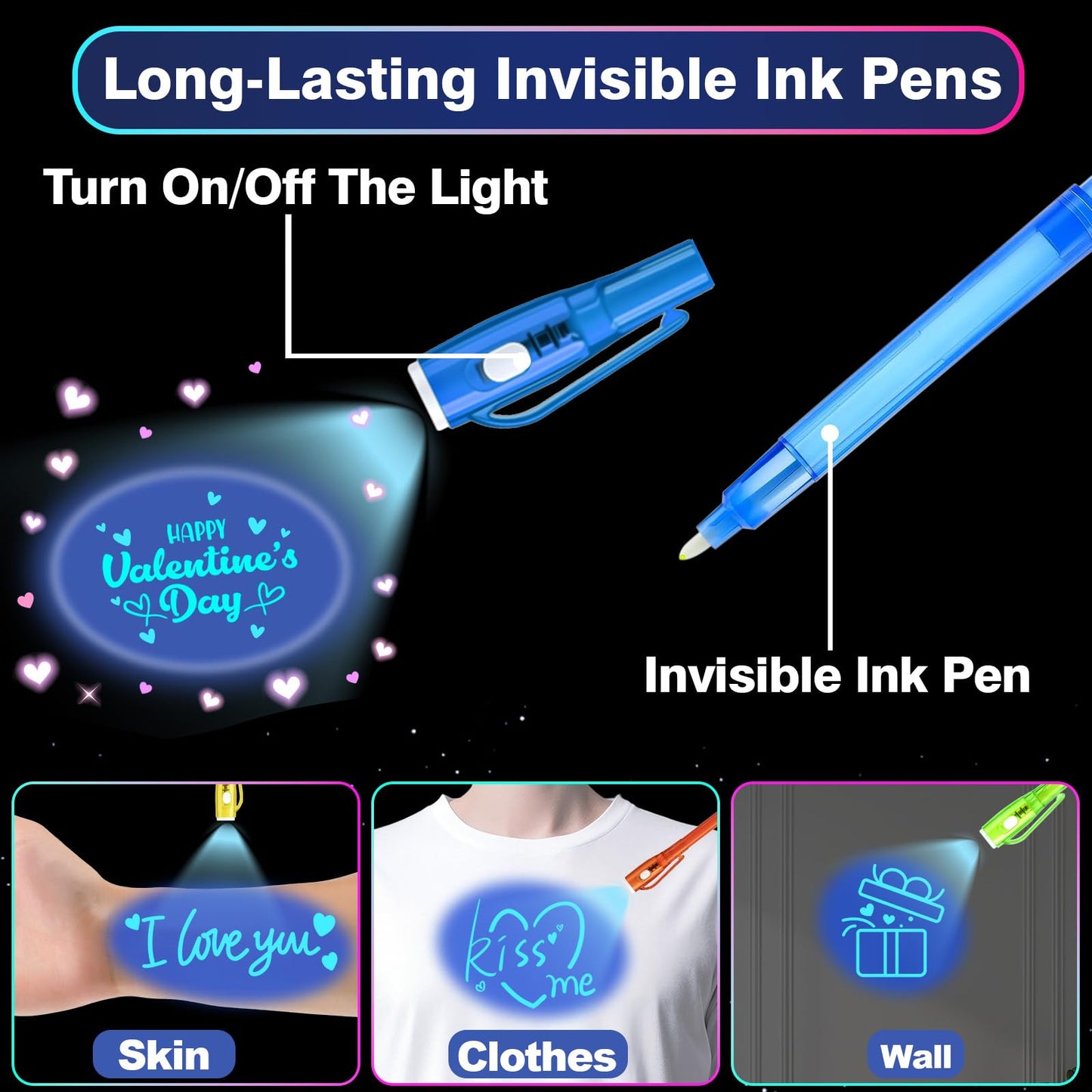 ZICZLI 24-Pack Invisible Ink Pen with UV Light & Space Astronaut Valentines Cards for Kids