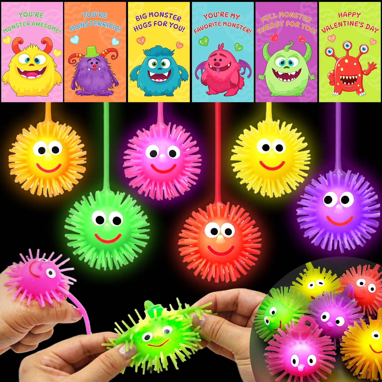 ZICZLI 24 Pack Valentines Day Gifts for Kids - LED Light Up Balls with Monster Cards