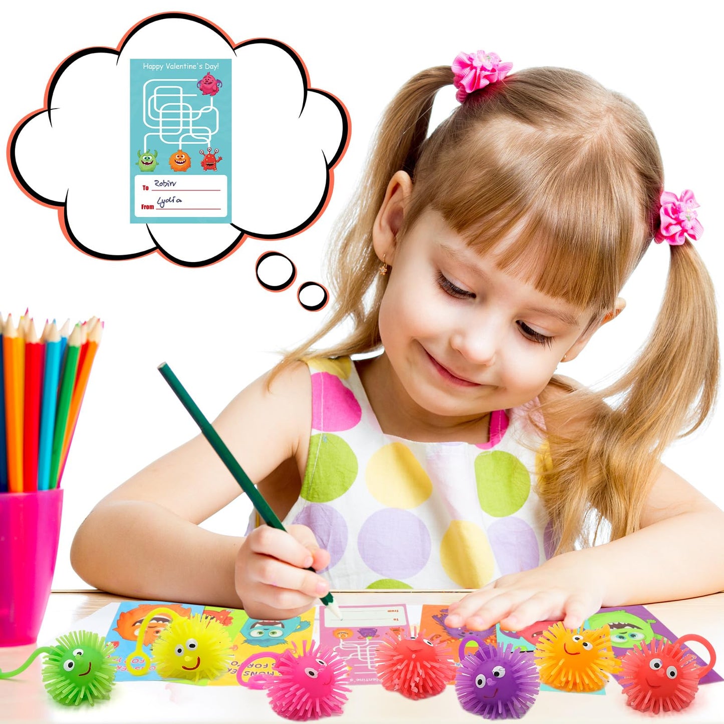 ZICZLI 24 Pack Valentines Day Gifts for Kids - LED Light Up Balls with Monster Cards