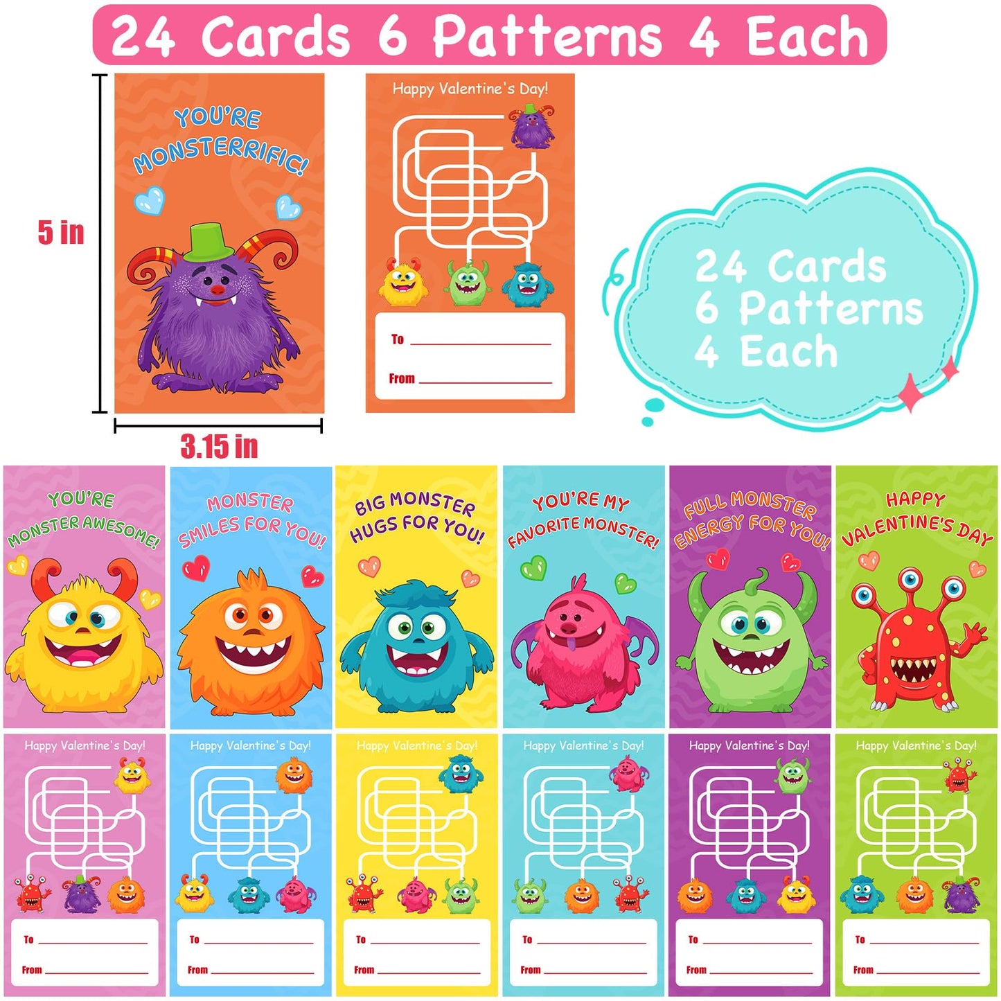ZICZLI 24 Pack Valentines Day Gifts for Kids - LED Light Up Balls with Monster Cards