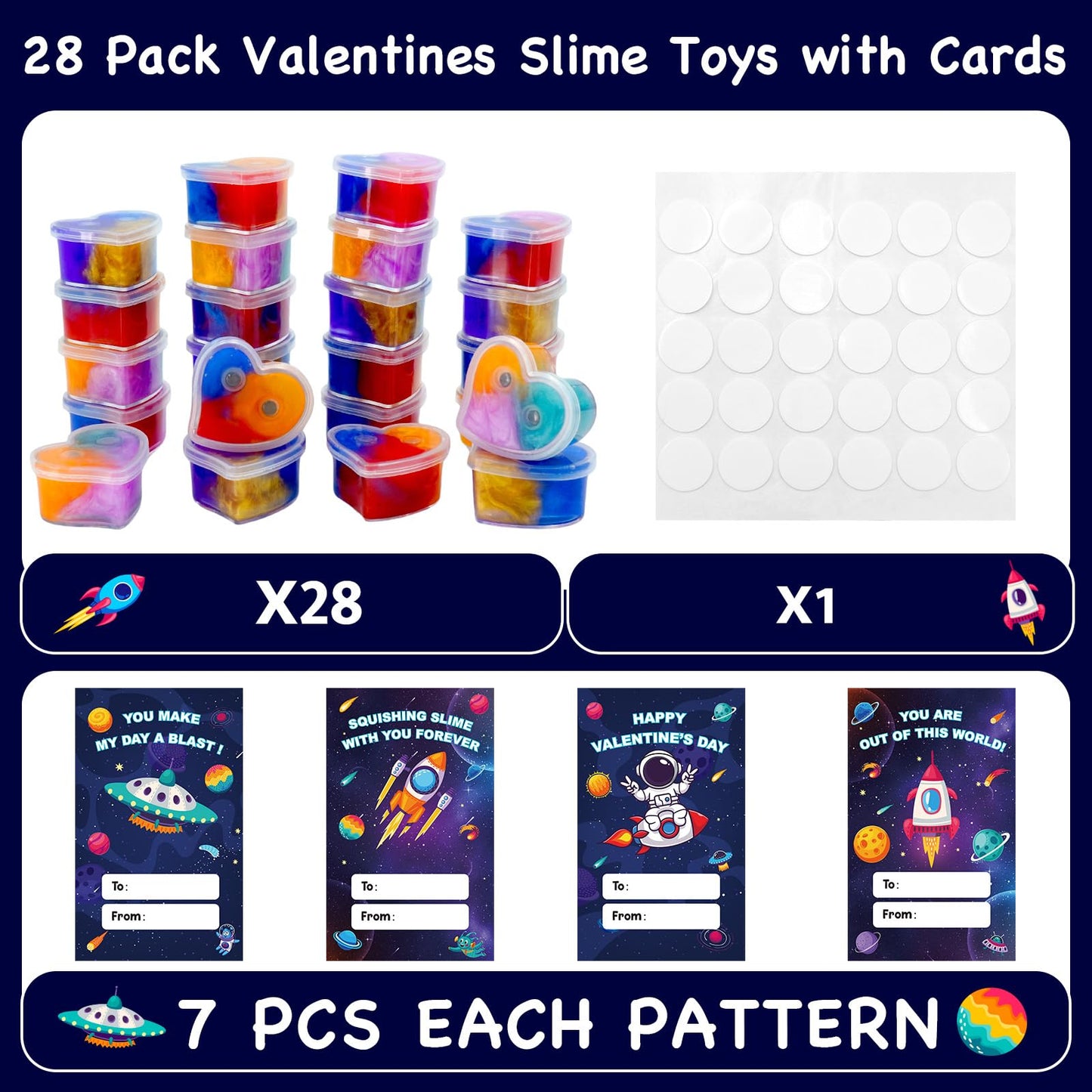 ZICZLI 28-Pack Valentines Day Gifts for Kids — Space Galaxy Slime with Cards | Classroom Party Favors