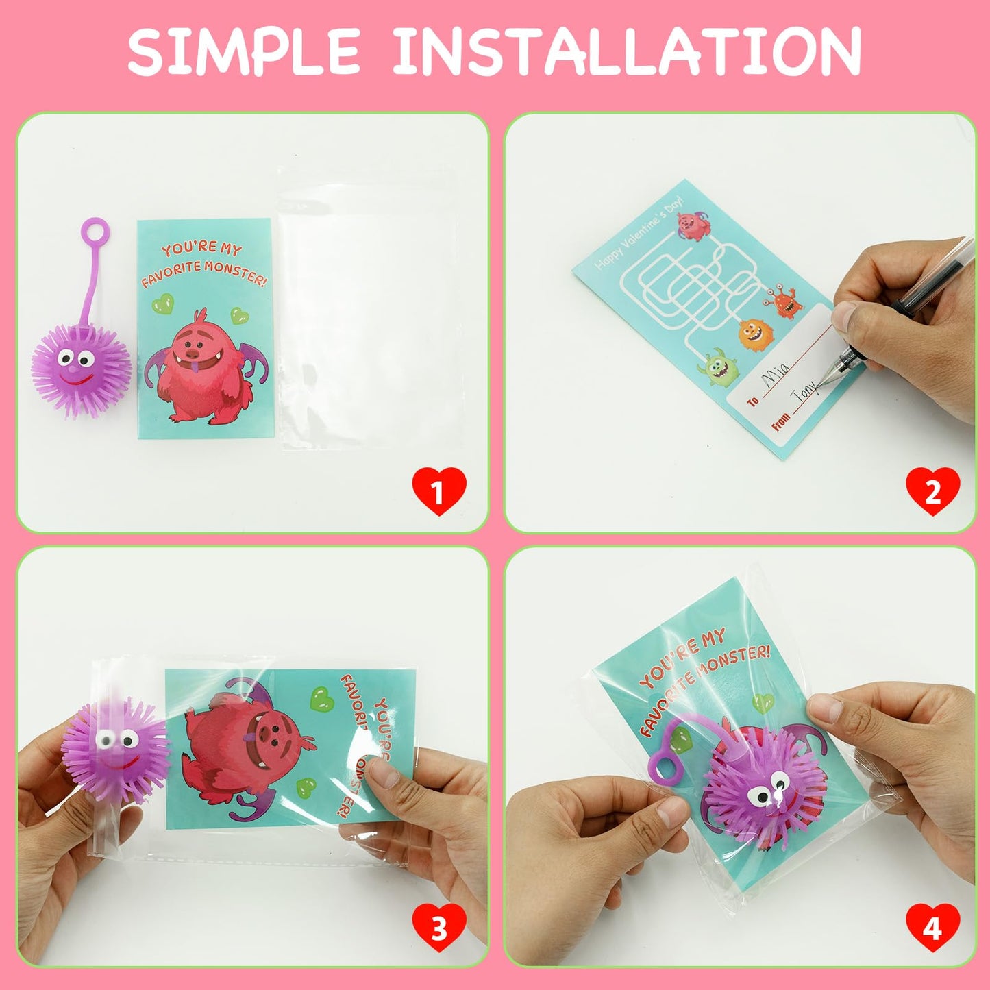 ZICZLI 24 Pack Valentines Day Gifts for Kids - LED Light Up Balls with Monster Cards