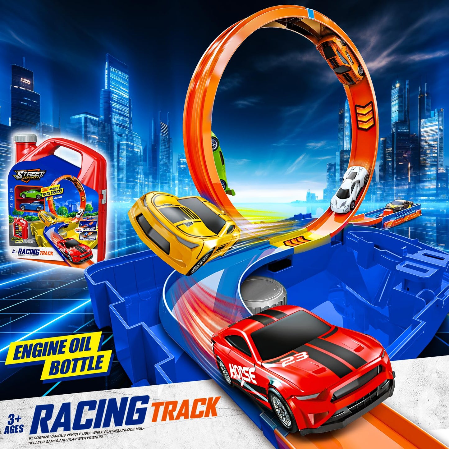 Zikhoobusik Race Track Toy Set – 2 Cars, 2-in-1 Track with Storage Box – Blue