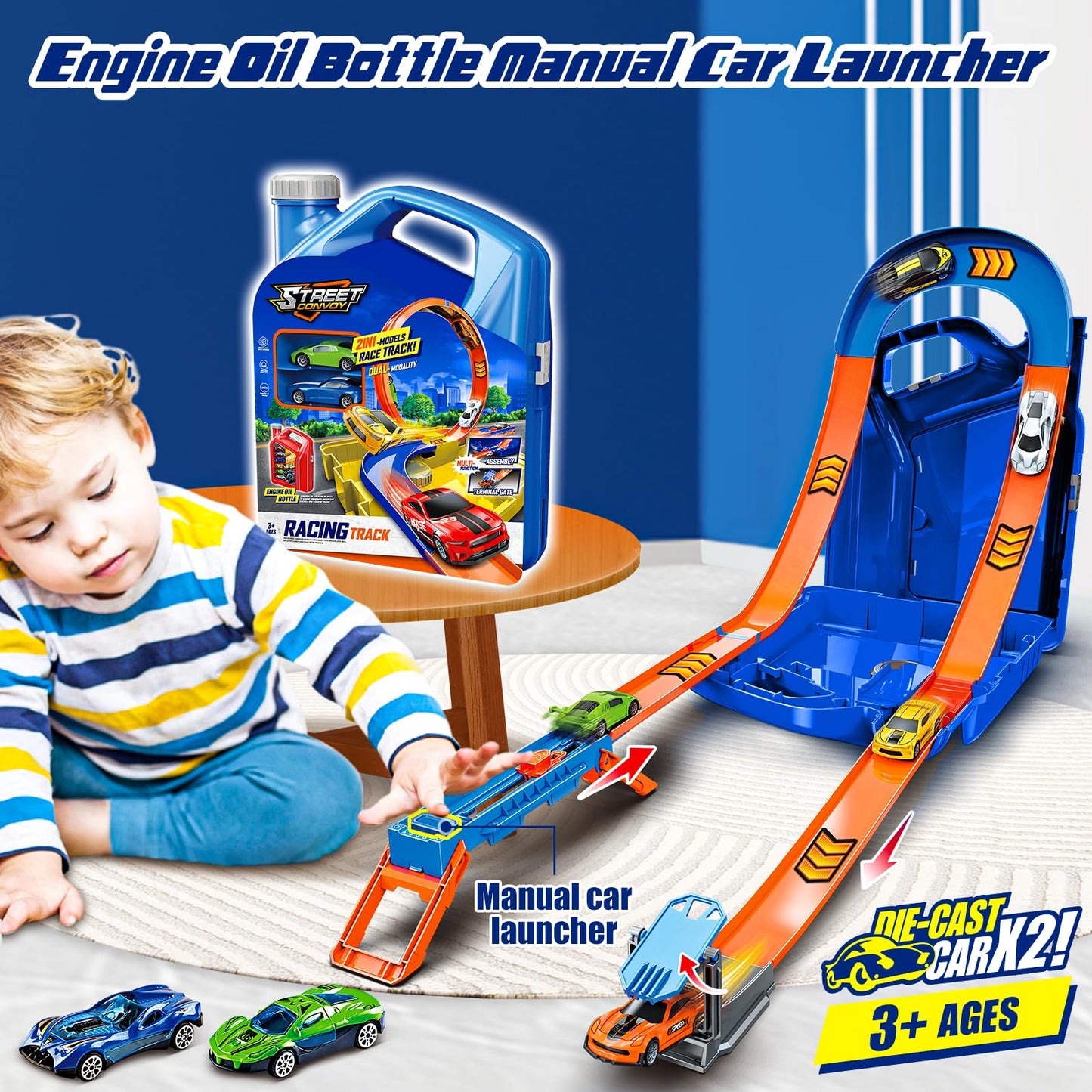 Zikhoobusik Race Track Toy Set – 2 Cars, 2-in-1 Track with Storage Box – Blue
