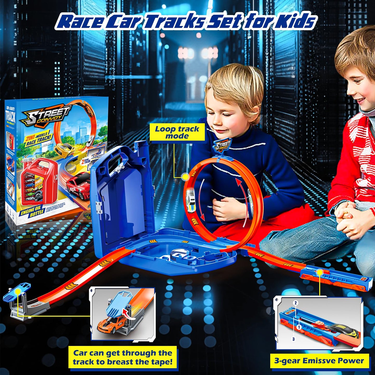 Zikhoobusik Race Track Toy Set – 2 Cars, 2-in-1 Track with Storage Box – Blue