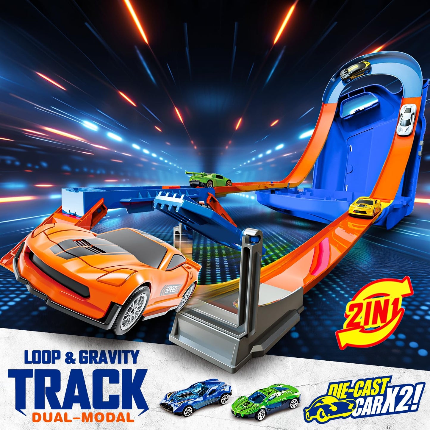 Zikhoobusik Race Track Toy Set – 2 Cars, 2-in-1 Track with Storage Box – Blue