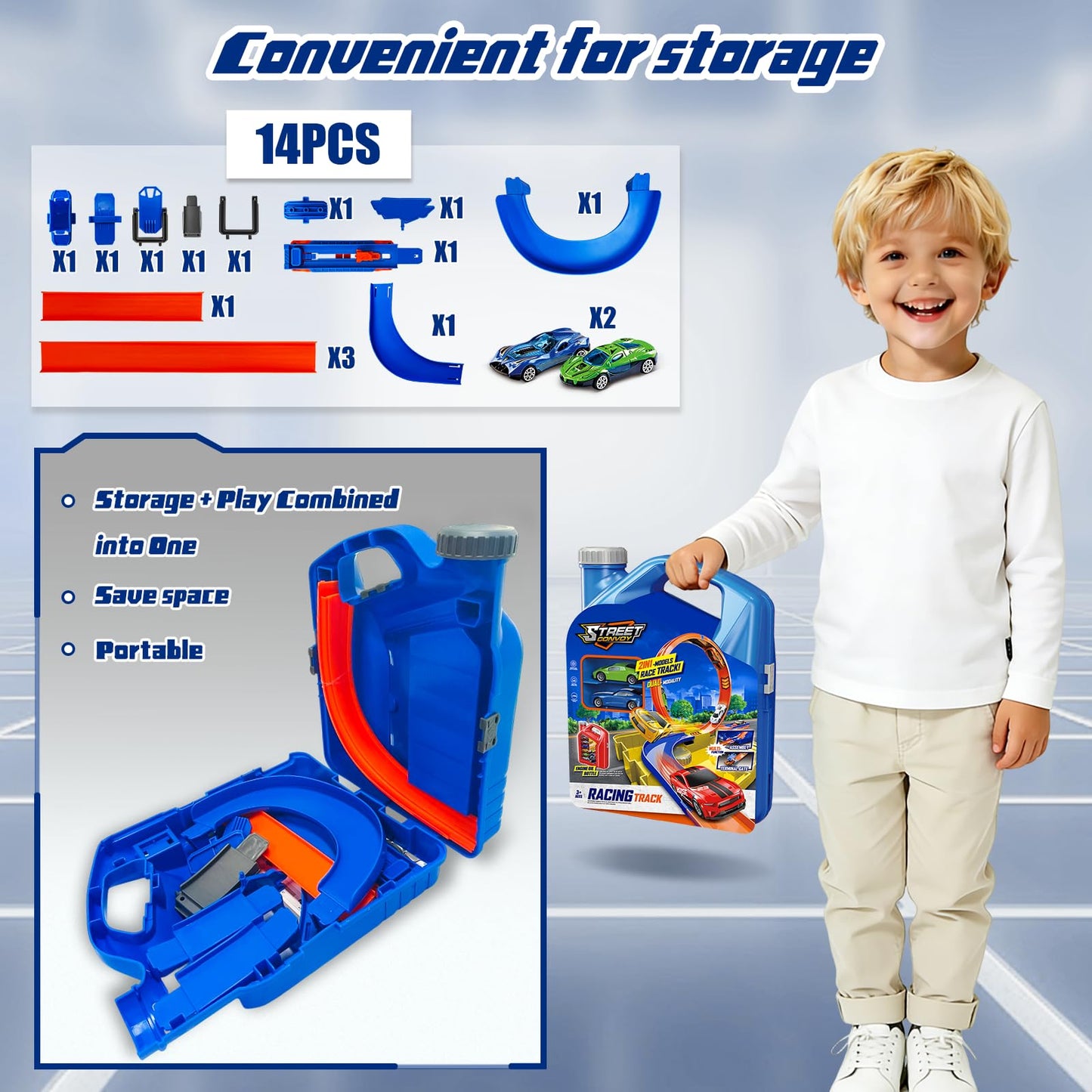 Zikhoobusik Race Track Toy Set – 2 Cars, 2-in-1 Track with Storage Box – Blue