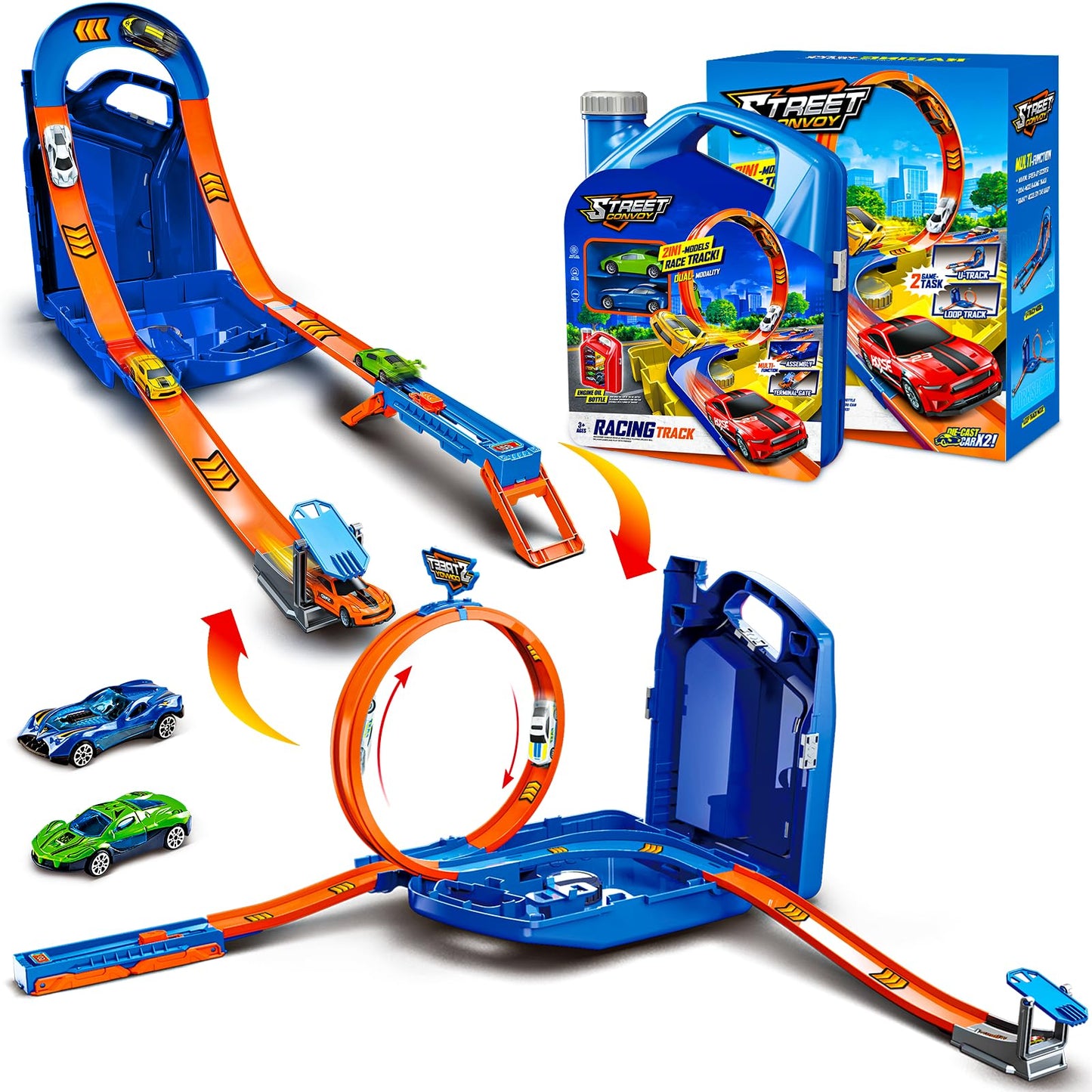 Zikhoobusik Race Track Toy Set – 2 Cars, 2-in-1 Track with Storage Box – Blue