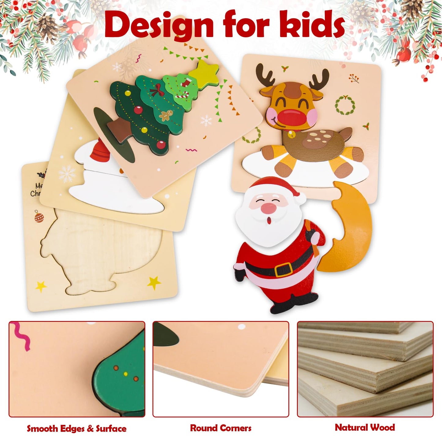 ZILIALAR Christmas Wooden Puzzles for Toddlers – Set of 4 Montessori Jigsaws (Ages 1-3)