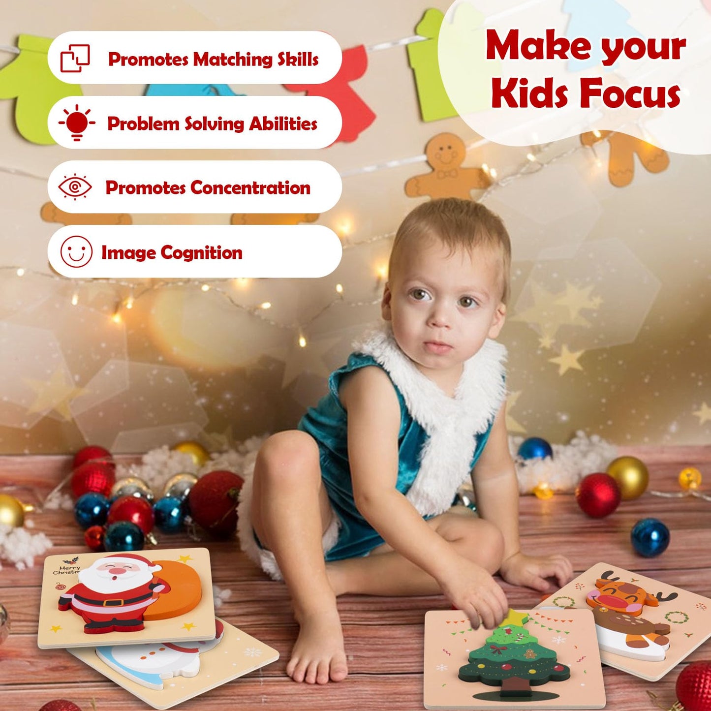 ZILIALAR Christmas Wooden Puzzles for Toddlers – Set of 4 Montessori Jigsaws (Ages 1-3)