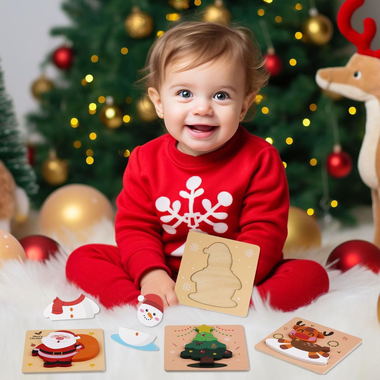 ZILIALAR Christmas Wooden Puzzles for Toddlers – Set of 4 Montessori Jigsaws (Ages 1-3)