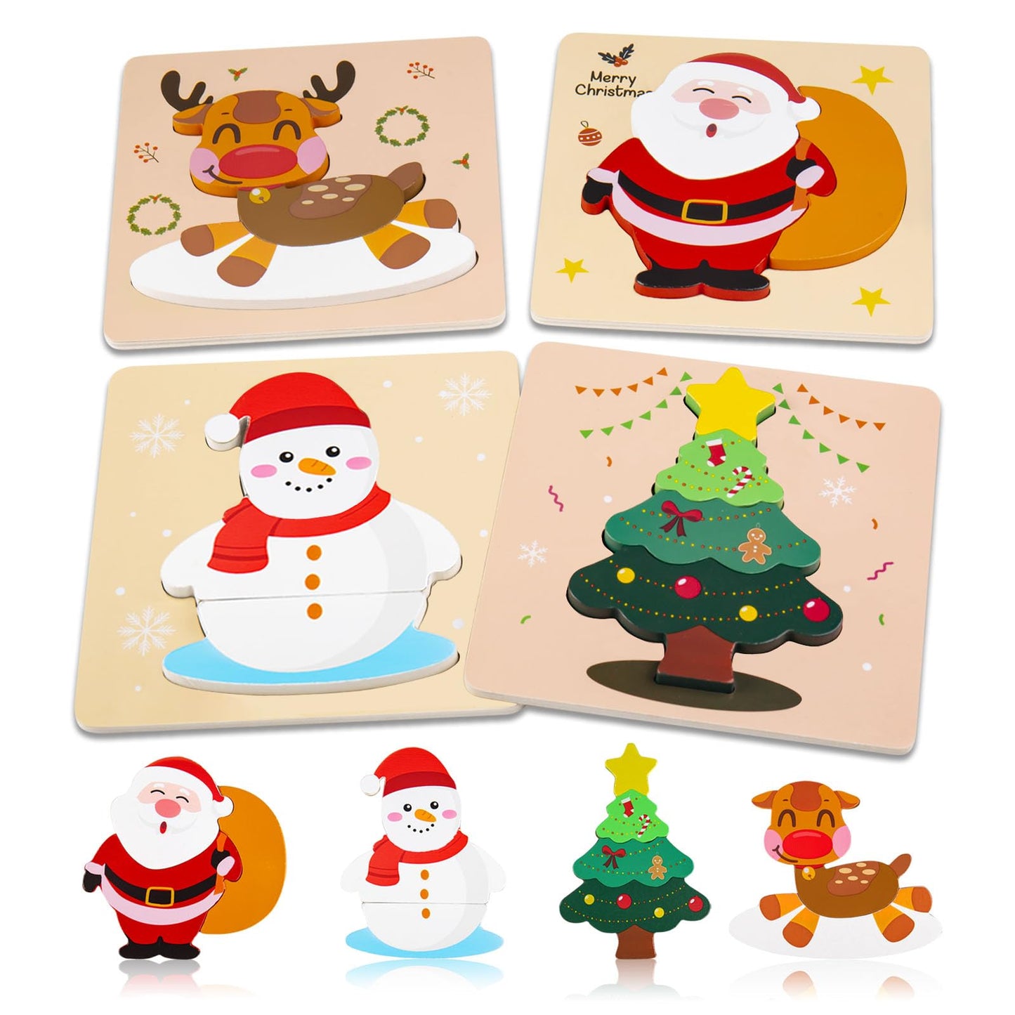 ZILIALAR Christmas Wooden Puzzles for Toddlers – Set of 4 Montessori Jigsaws (Ages 1-3)
