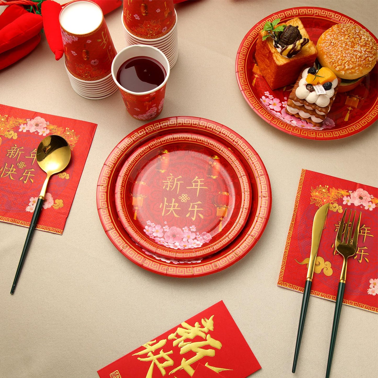 Ziliny 200-Piece Chinese New Year Party Set | Year of the Horse 2026 Plates, Cups & Napkins