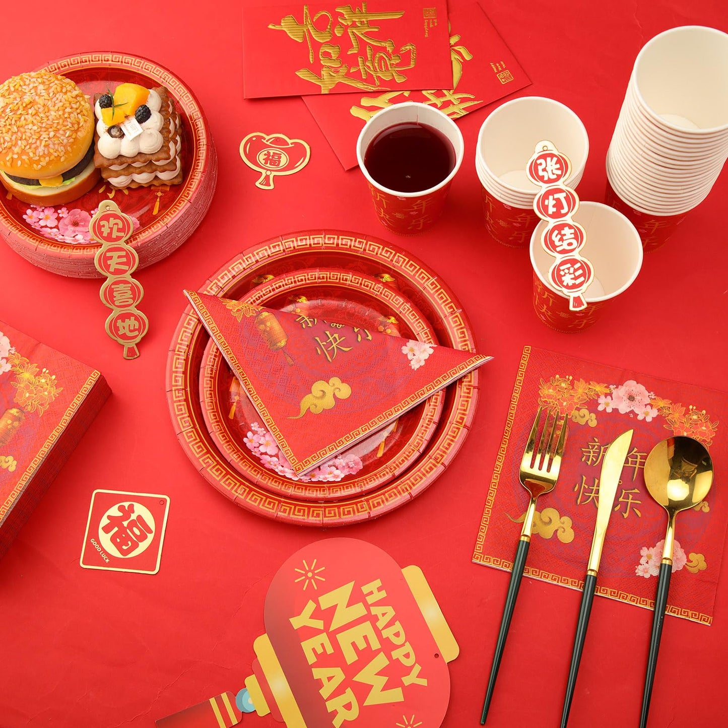 Ziliny 200-Piece Chinese New Year Party Set | Year of the Horse 2026 Plates, Cups & Napkins