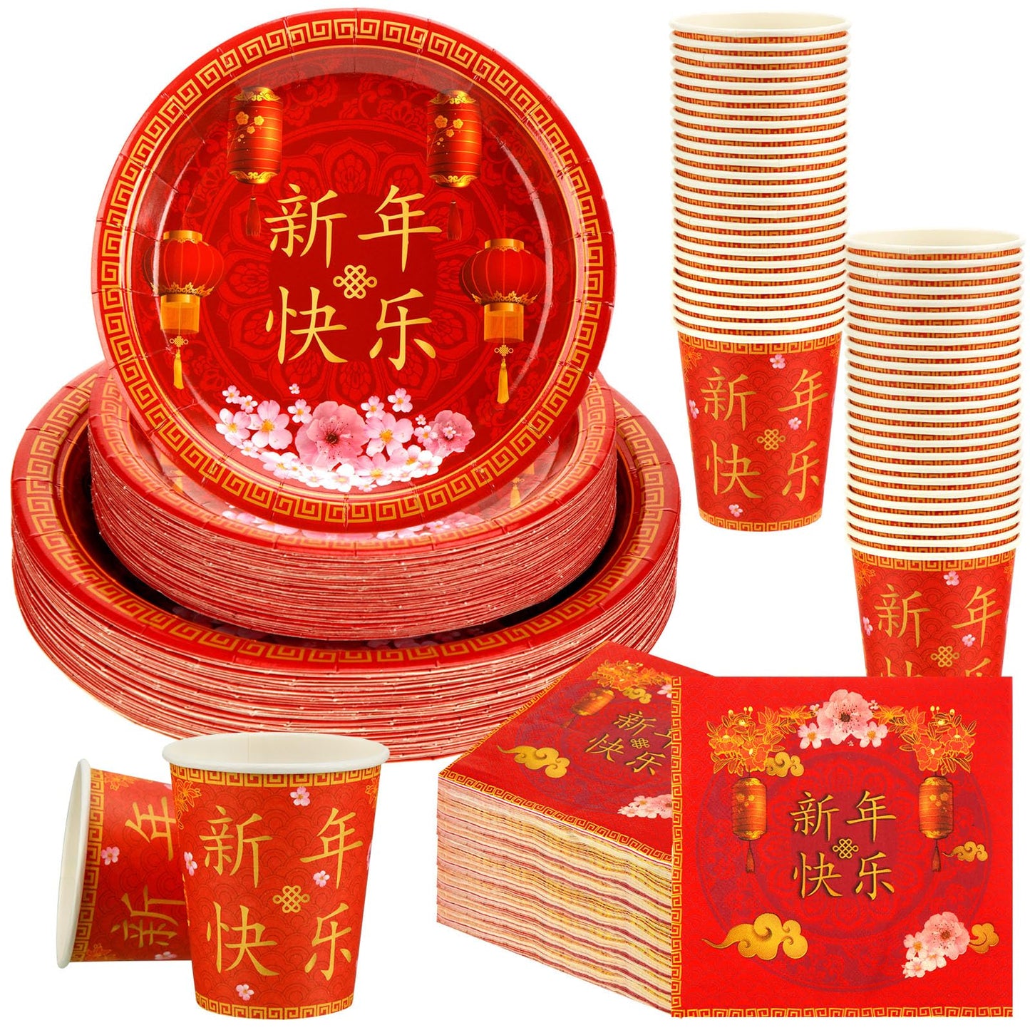 Ziliny 200-Piece Chinese New Year Party Set | Year of the Horse 2026 Plates, Cups & Napkins