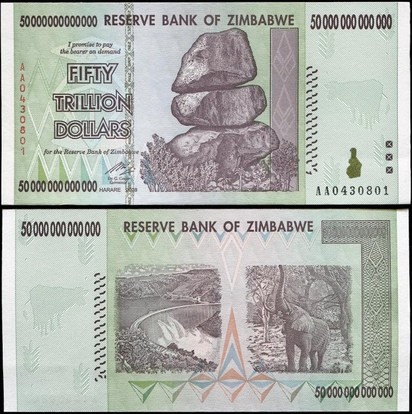 Zimbabwe 50 Trillion AA P90 Uncirculated Note – 2008 Reserve Bank Collectible with UV