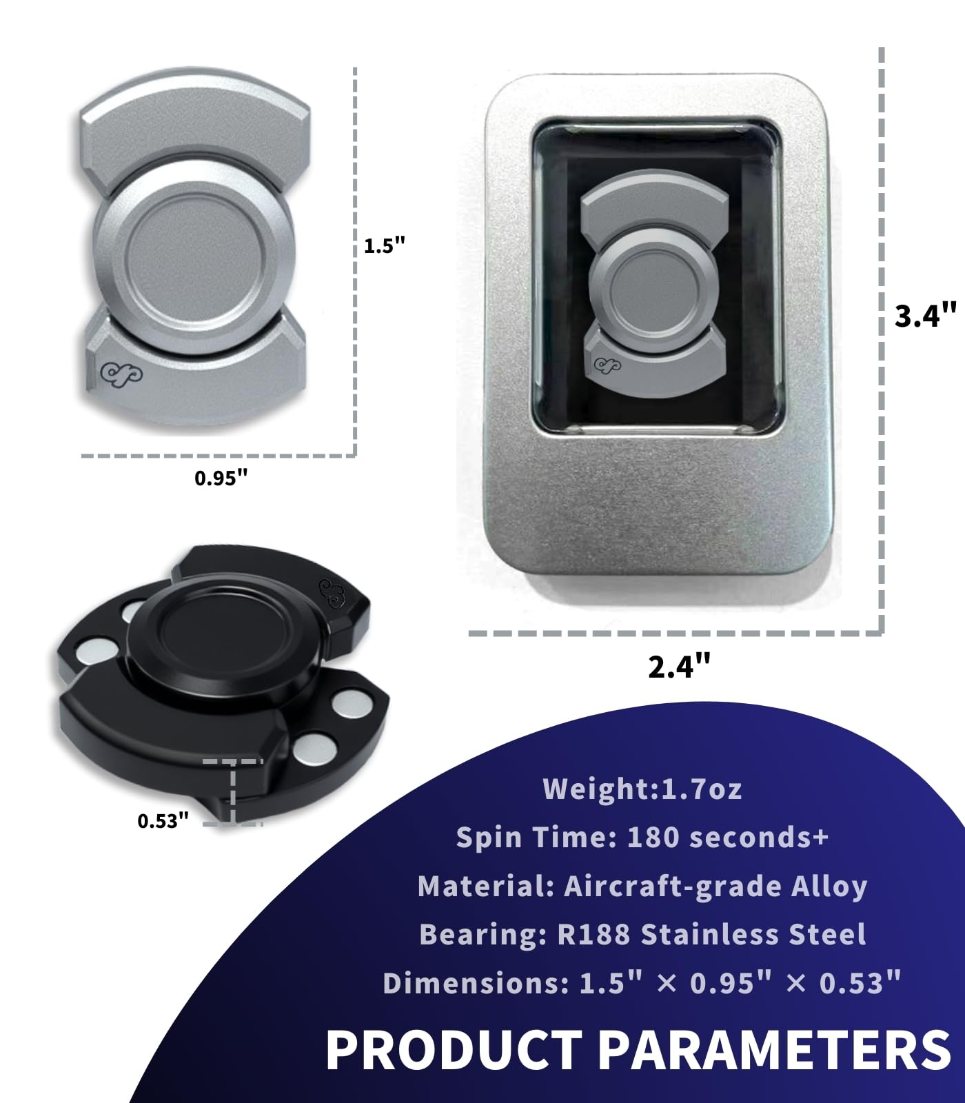 Zimdun Alloy 3-in-1 Silent Fidget Spinner for Adults – Black