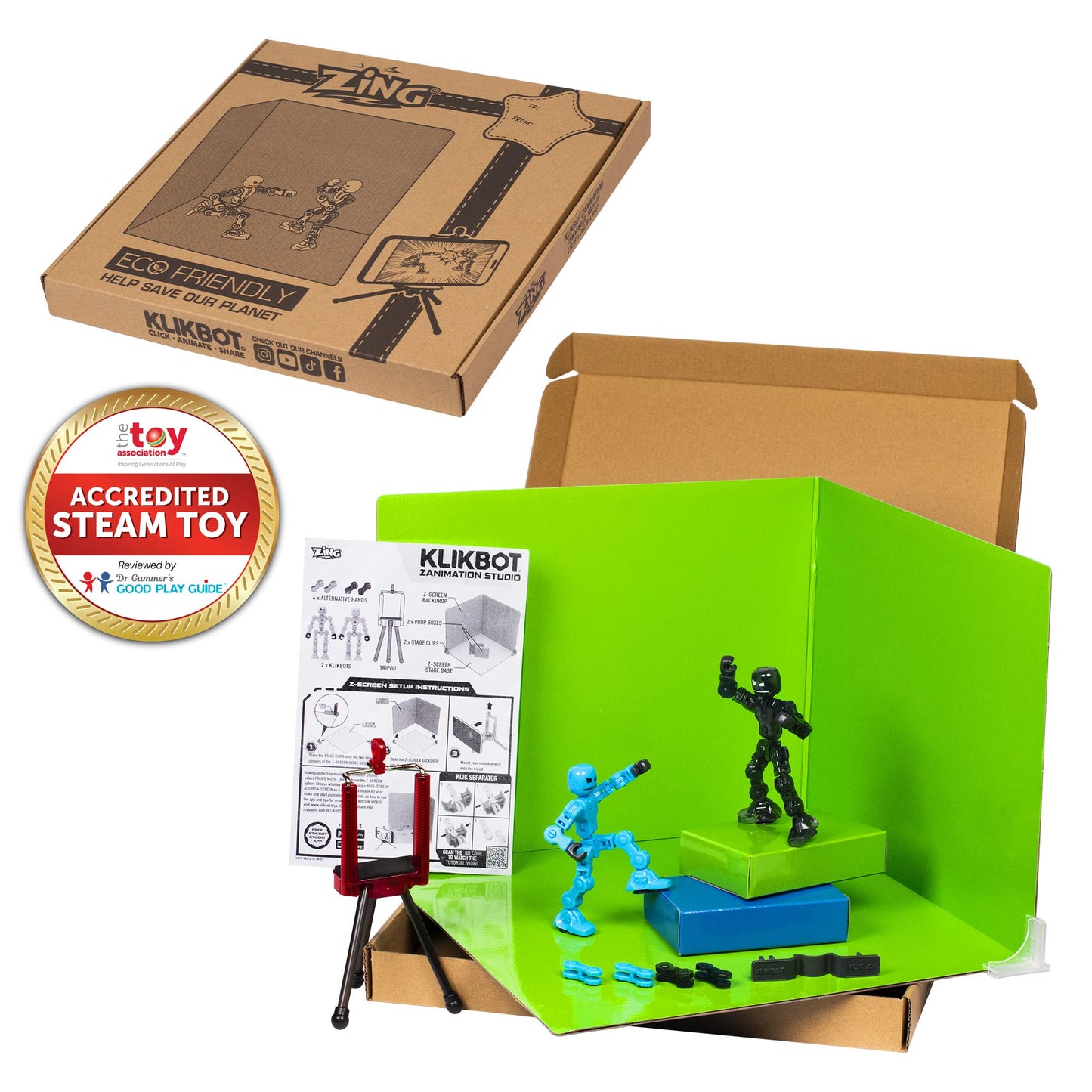 Zing Klikbot Zanimation Studio – 2 Klikbots, Tripod & Dual Backdrop