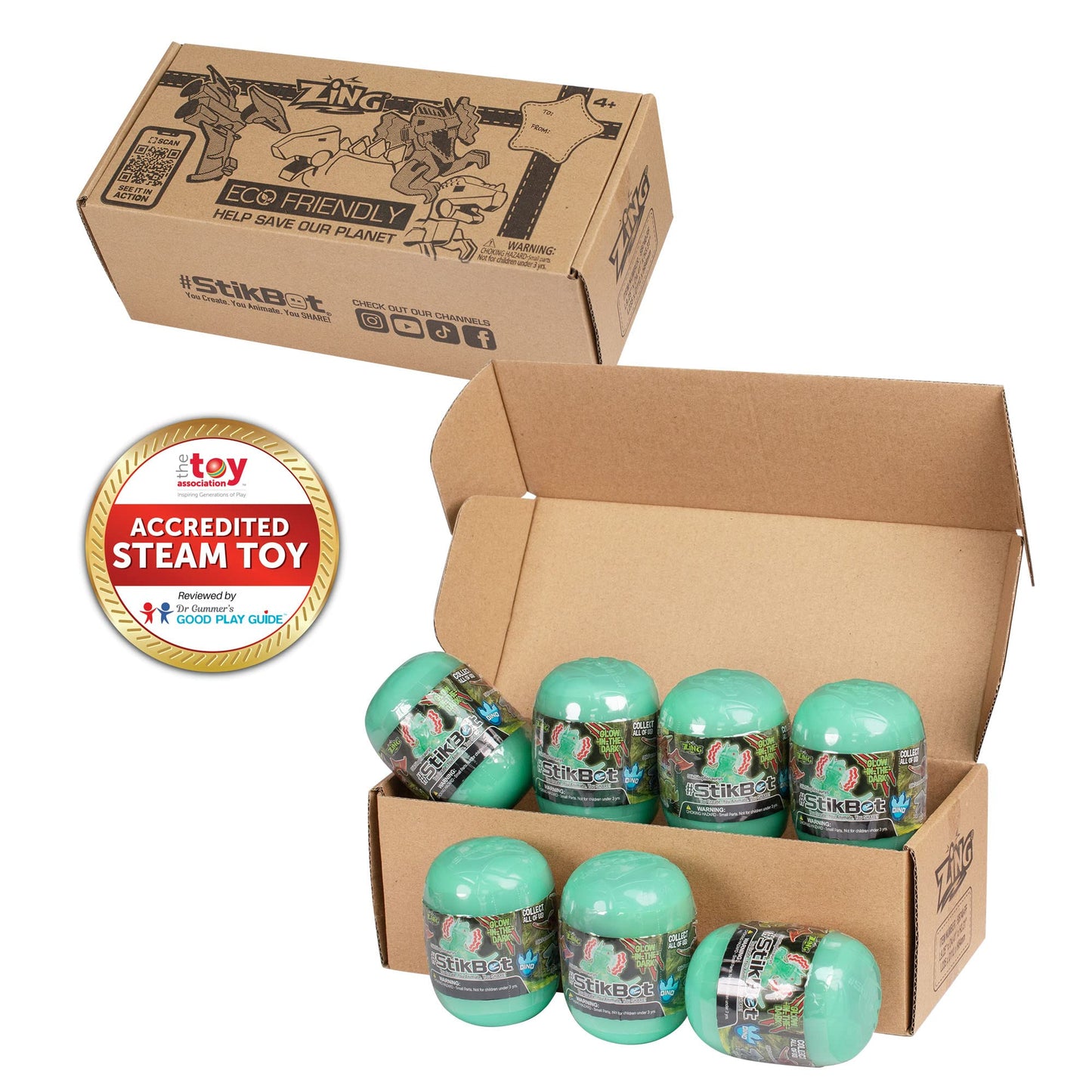 Zing Stikbot Glow in the Dark Dino Egg Pack – 7 Glow Eggs with Dinos & Sticker Sheets