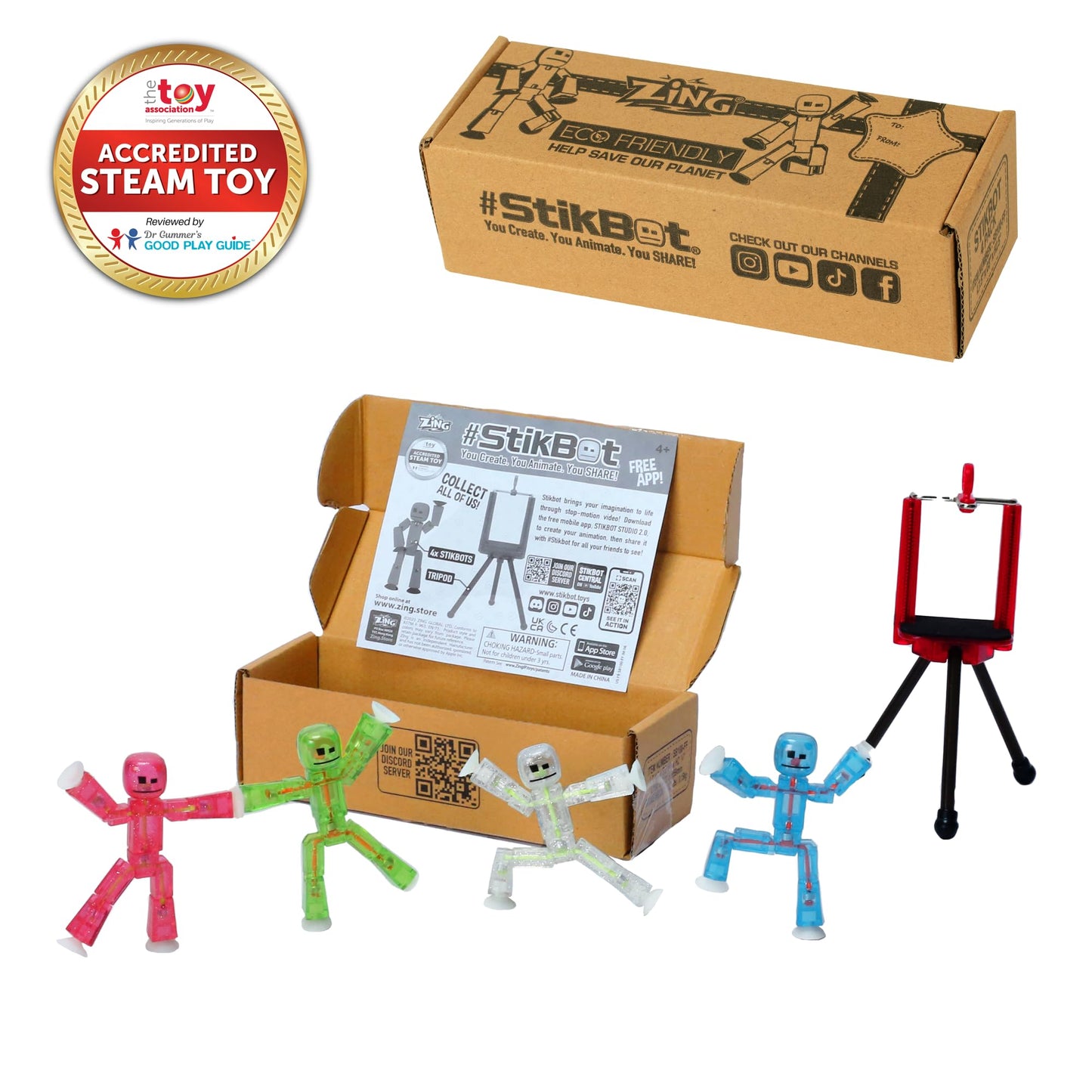 Zing Stikbots: Set of 4 Clear Poseable Figures + Tripod for Stop Motion