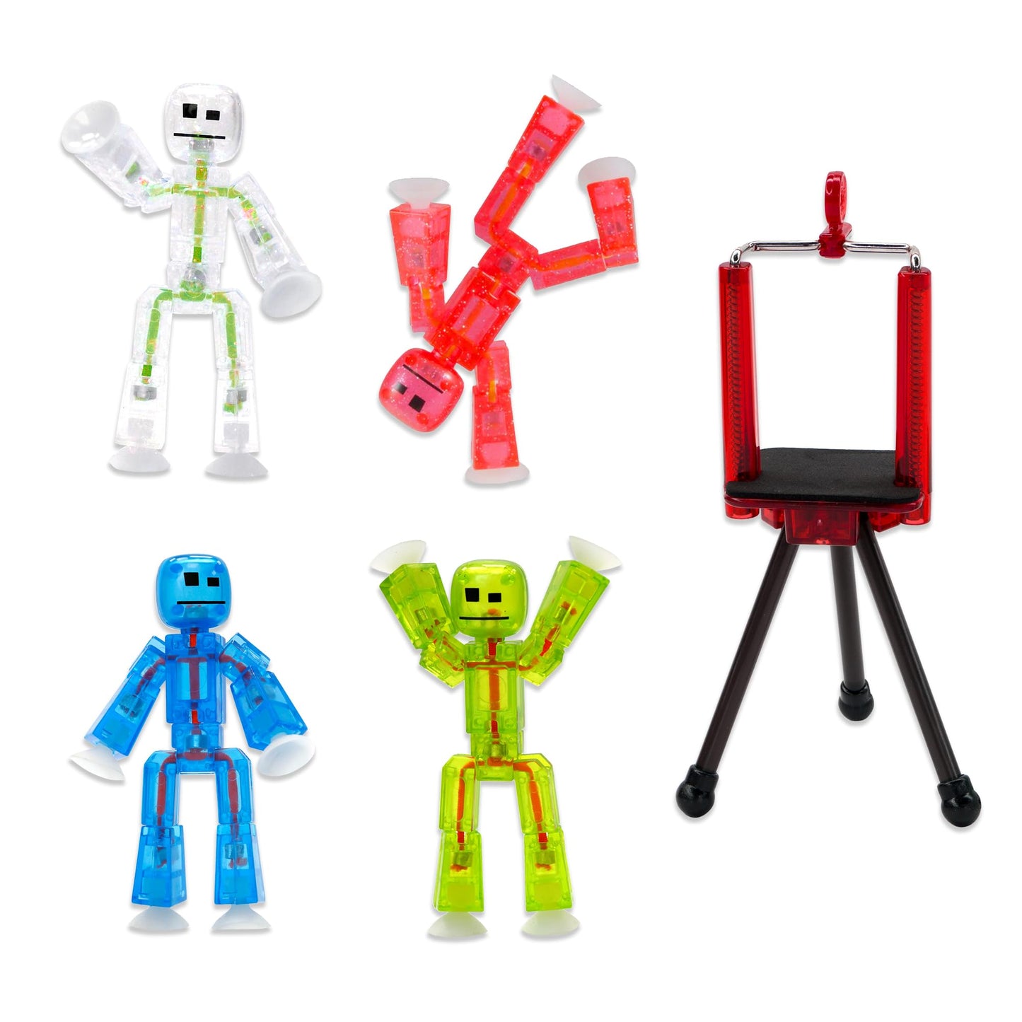 Zing Stikbots: Set of 4 Clear Poseable Figures + Tripod for Stop Motion