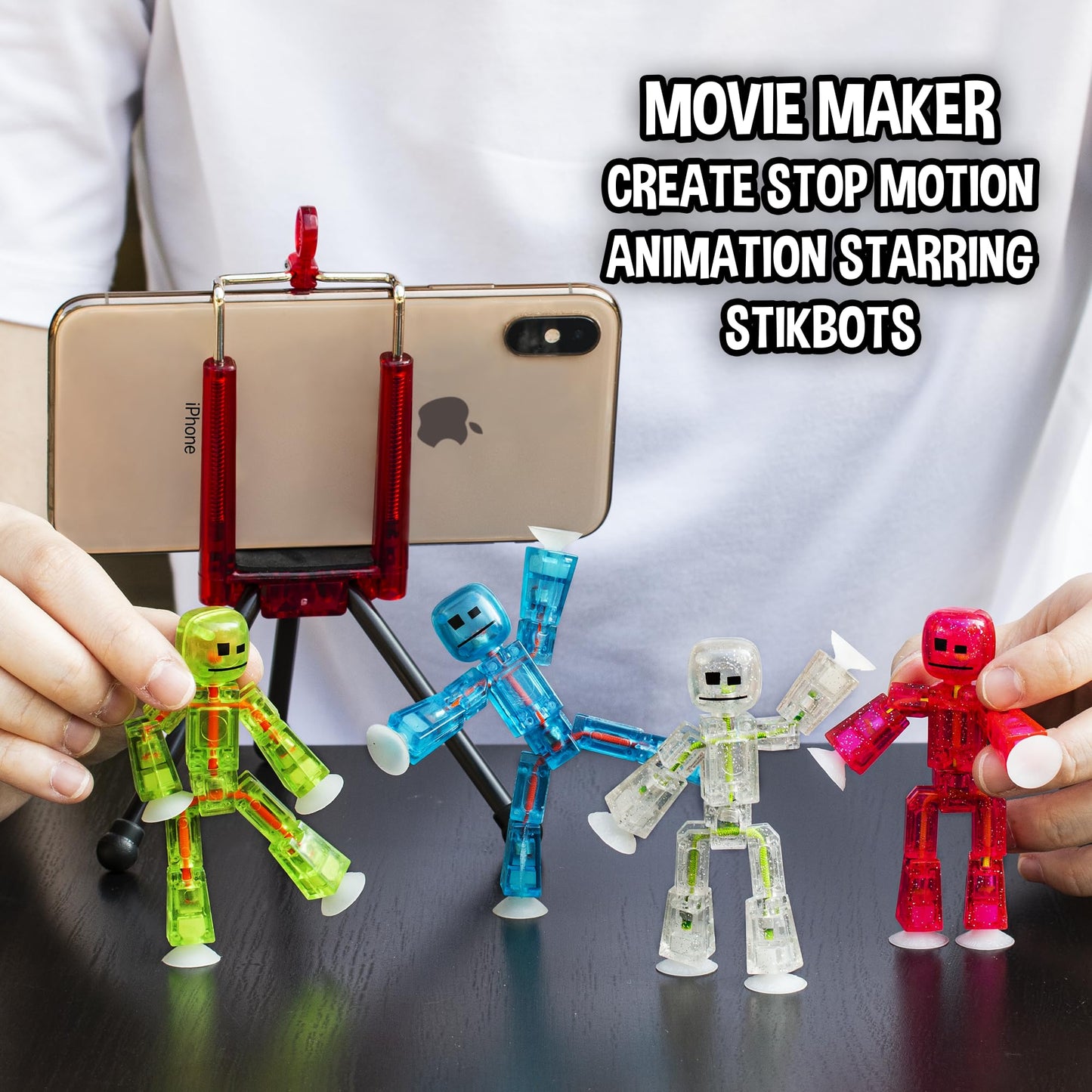Zing Stikbots: Set of 4 Clear Poseable Figures + Tripod for Stop Motion