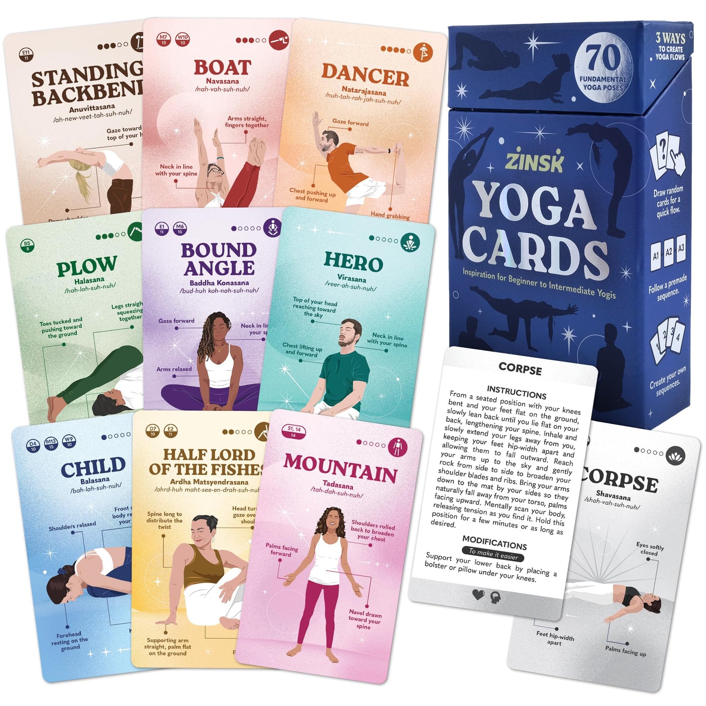 Zinsk 70 Premium Yoga Cards – Pose Flashcards for Beginners to Intermediates with Sequences & Intentions