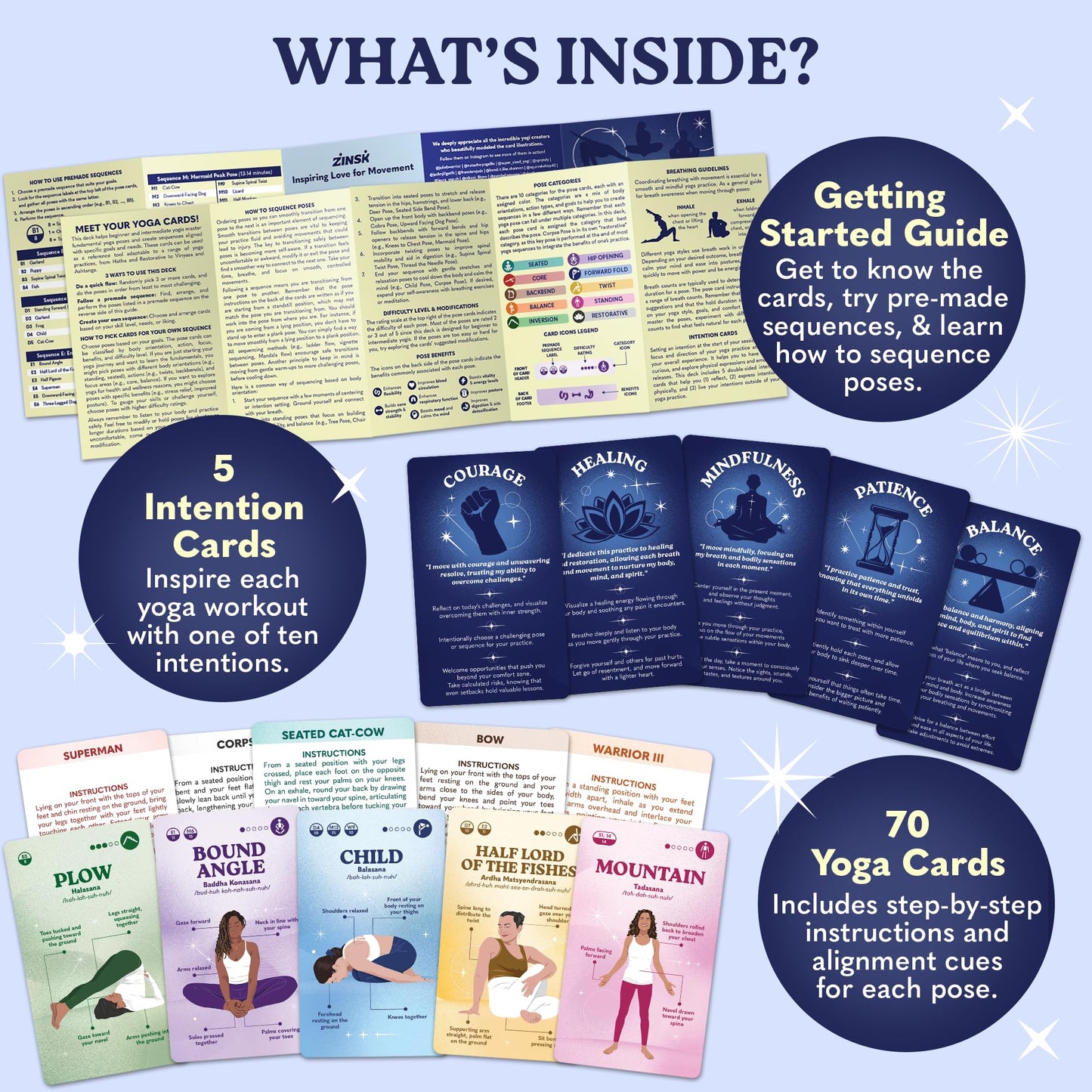 Zinsk 70 Premium Yoga Cards – Pose Flashcards for Beginners to Intermediates with Sequences & Intentions