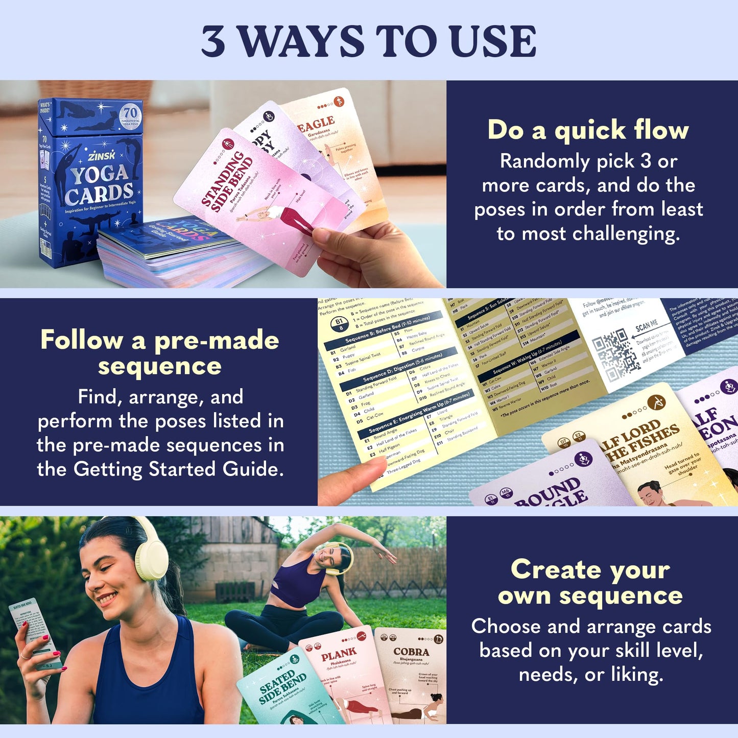 Zinsk 70 Premium Yoga Cards – Pose Flashcards for Beginners to Intermediates with Sequences & Intentions
