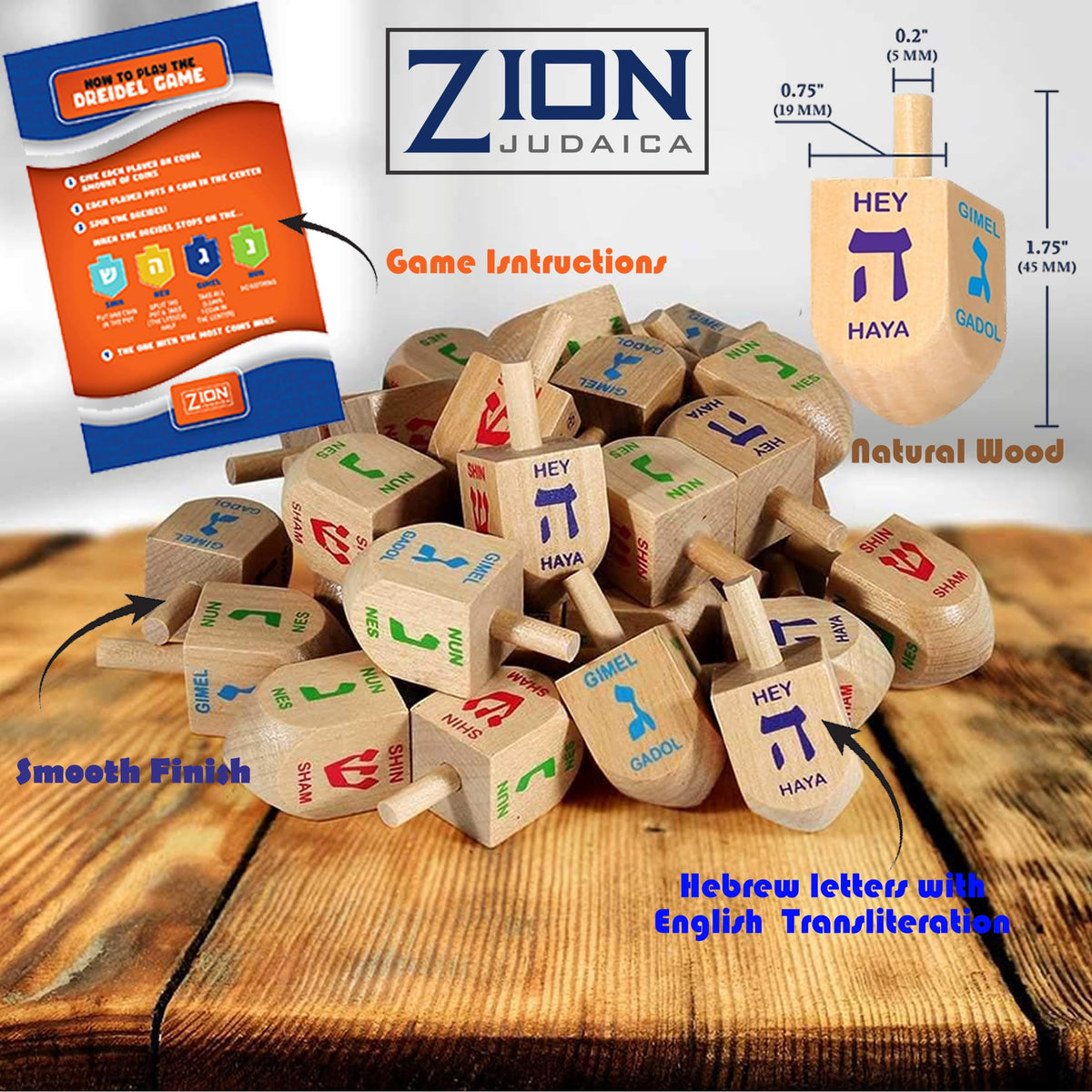 Zion Judaica Wood Dreidels – Medium Bulk Pack, 30 Wooden Hanukkah Dreidels in Zip Bag