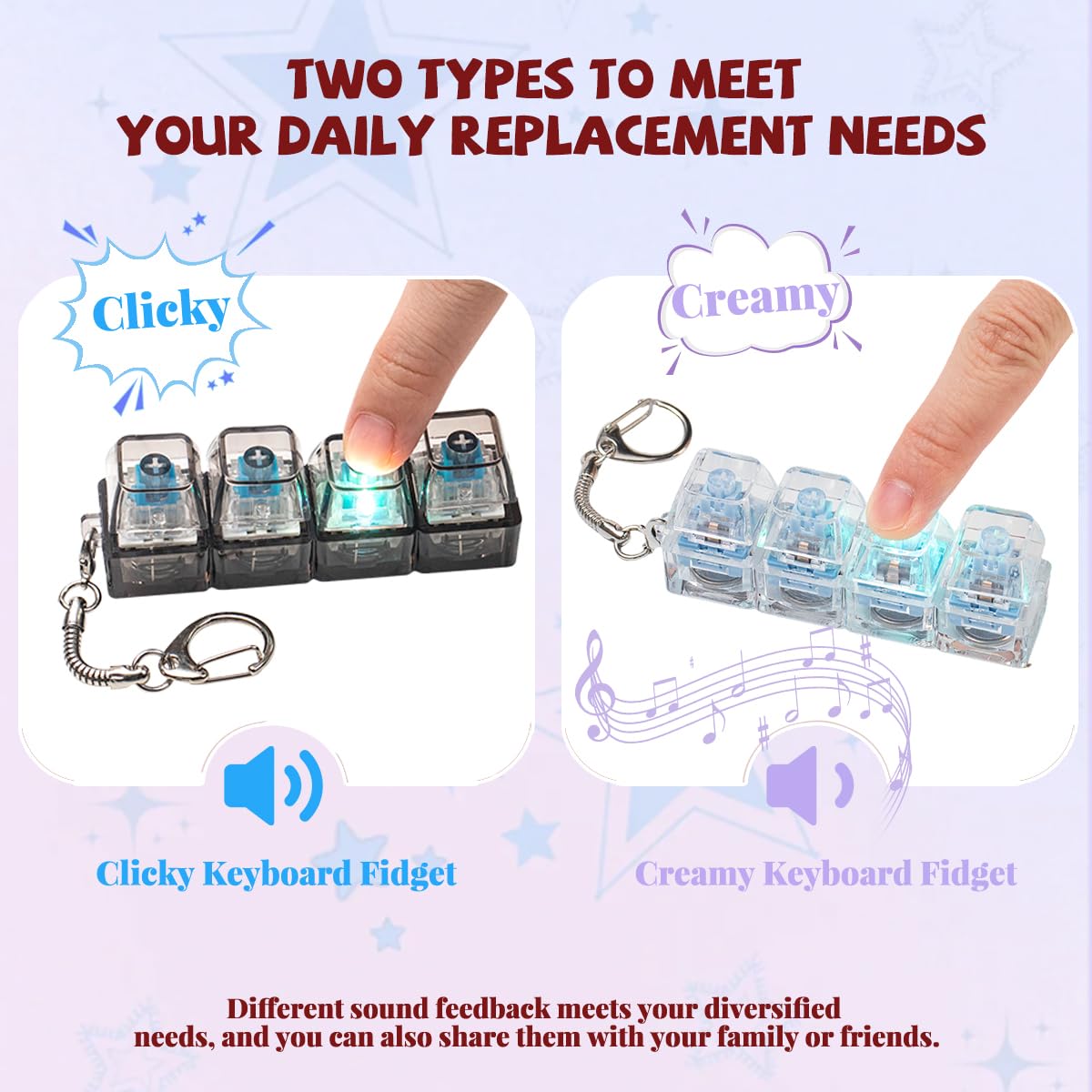 Zioyihan 2Pcs Keyboard Fidget Toy – Creamy White & Black Clicker Keychain with Light-Up (Sky Blue)