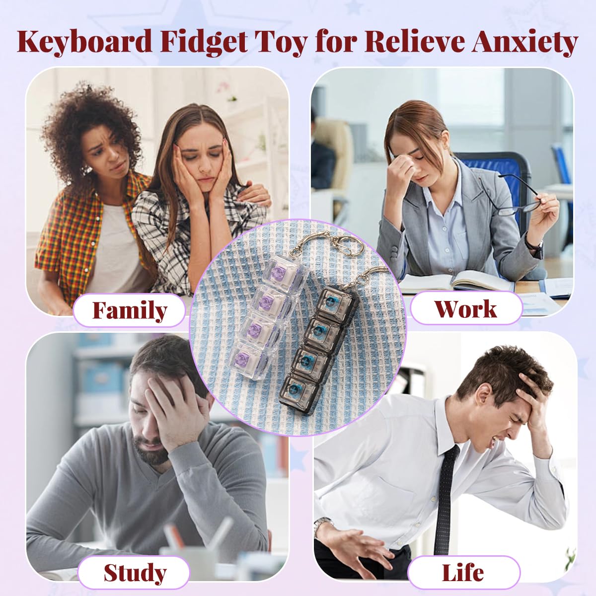 Zioyihan 2Pcs Keyboard Fidget Toy for Adults – Creamy White & Loud Black Clickers with LED Light, Purple