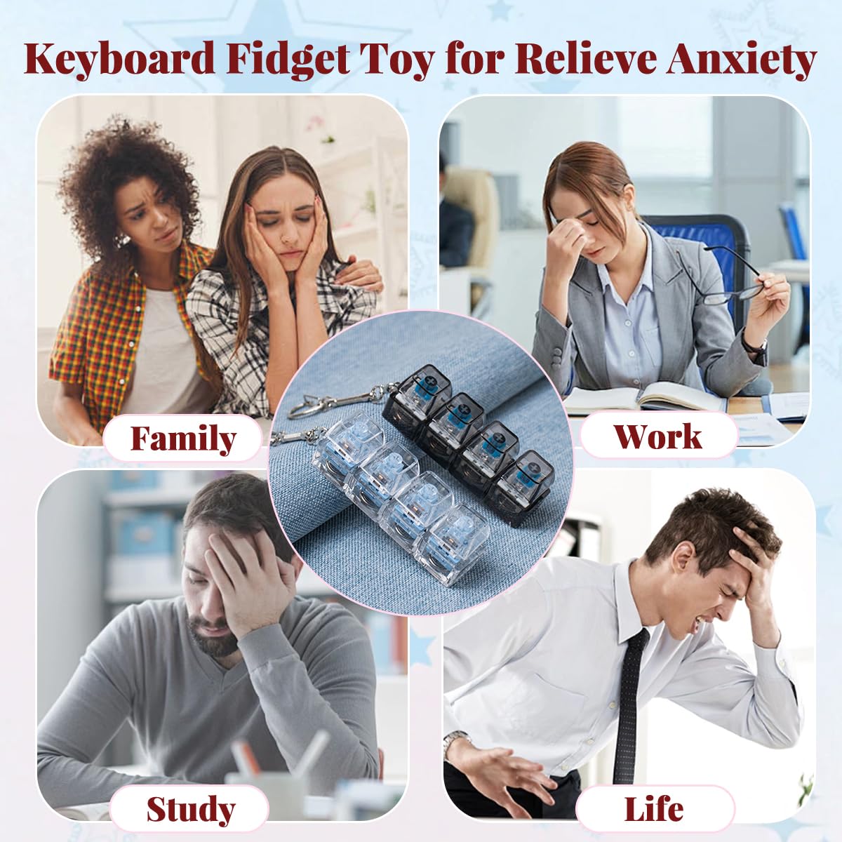 Zioyihan 2Pcs Keyboard Fidget Toy – Creamy White & Black Clicker Keychain with Light-Up (Sky Blue)