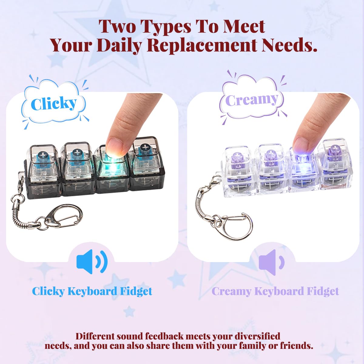 Zioyihan 2Pcs Keyboard Fidget Toy for Adults – Creamy White & Loud Black Clickers with LED Light, Purple
