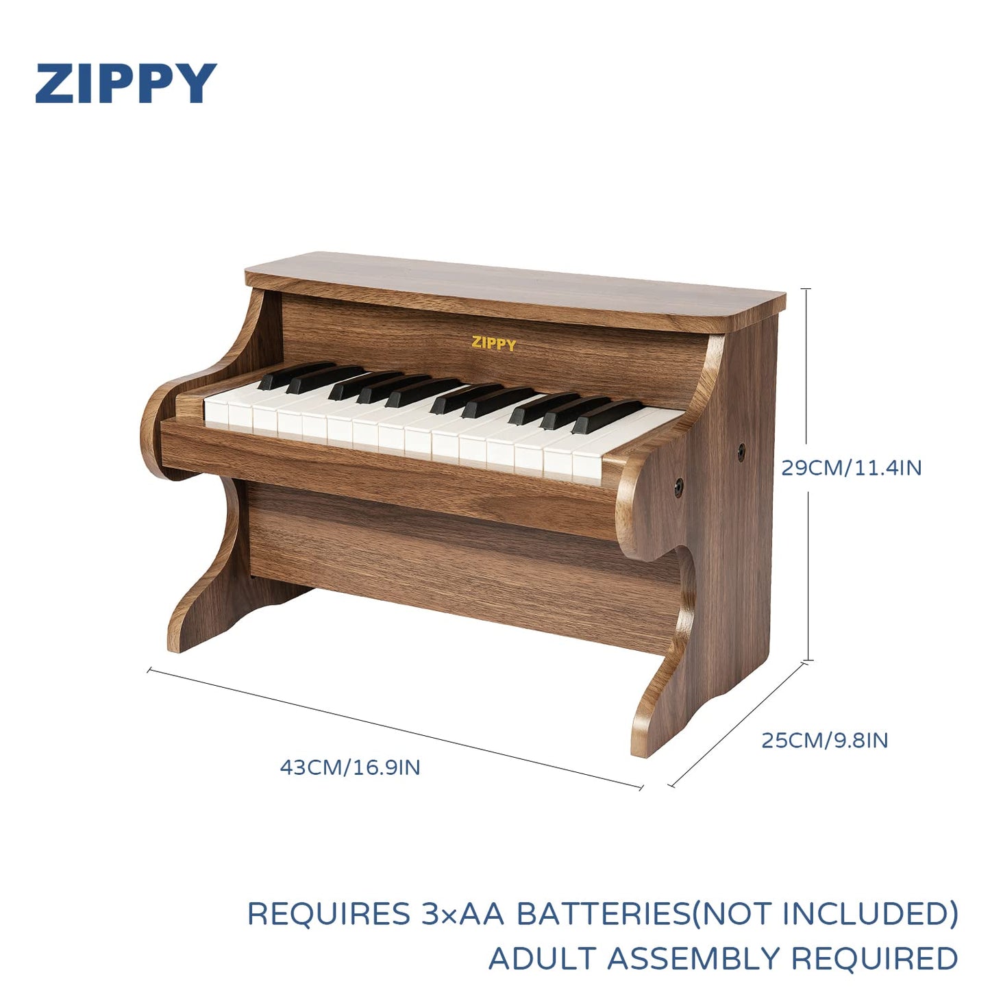 ZIPPY Kids Piano Keyboard — 25 Keys Wooden Toy Piano in Walnut